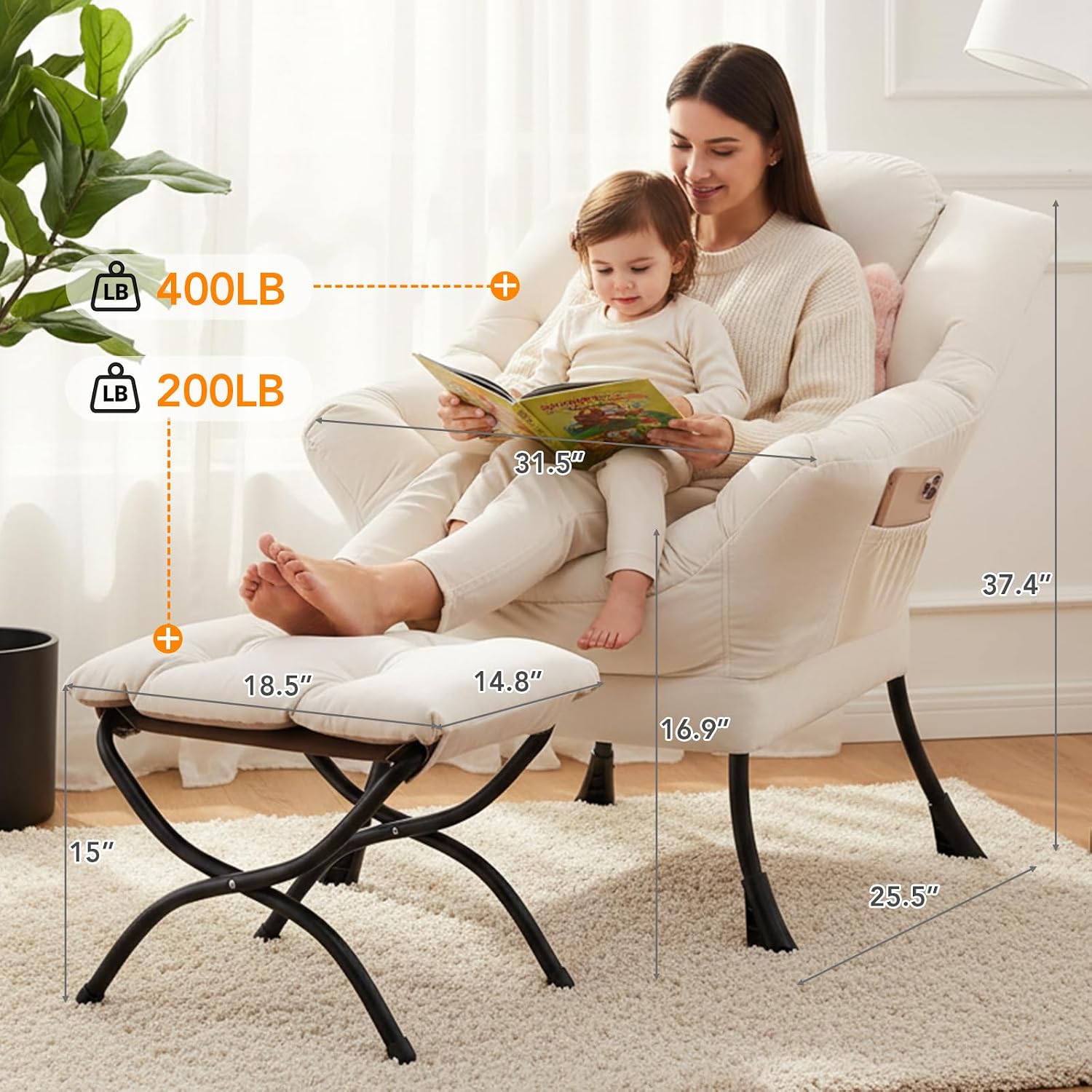 Lazy Chair with Ottoman, Large Accent Chair with Ottoman and a Throw Pillow, Beige Reading Chair for Living Room Bedroom Dorm Room Office Apartment Relaxing Use