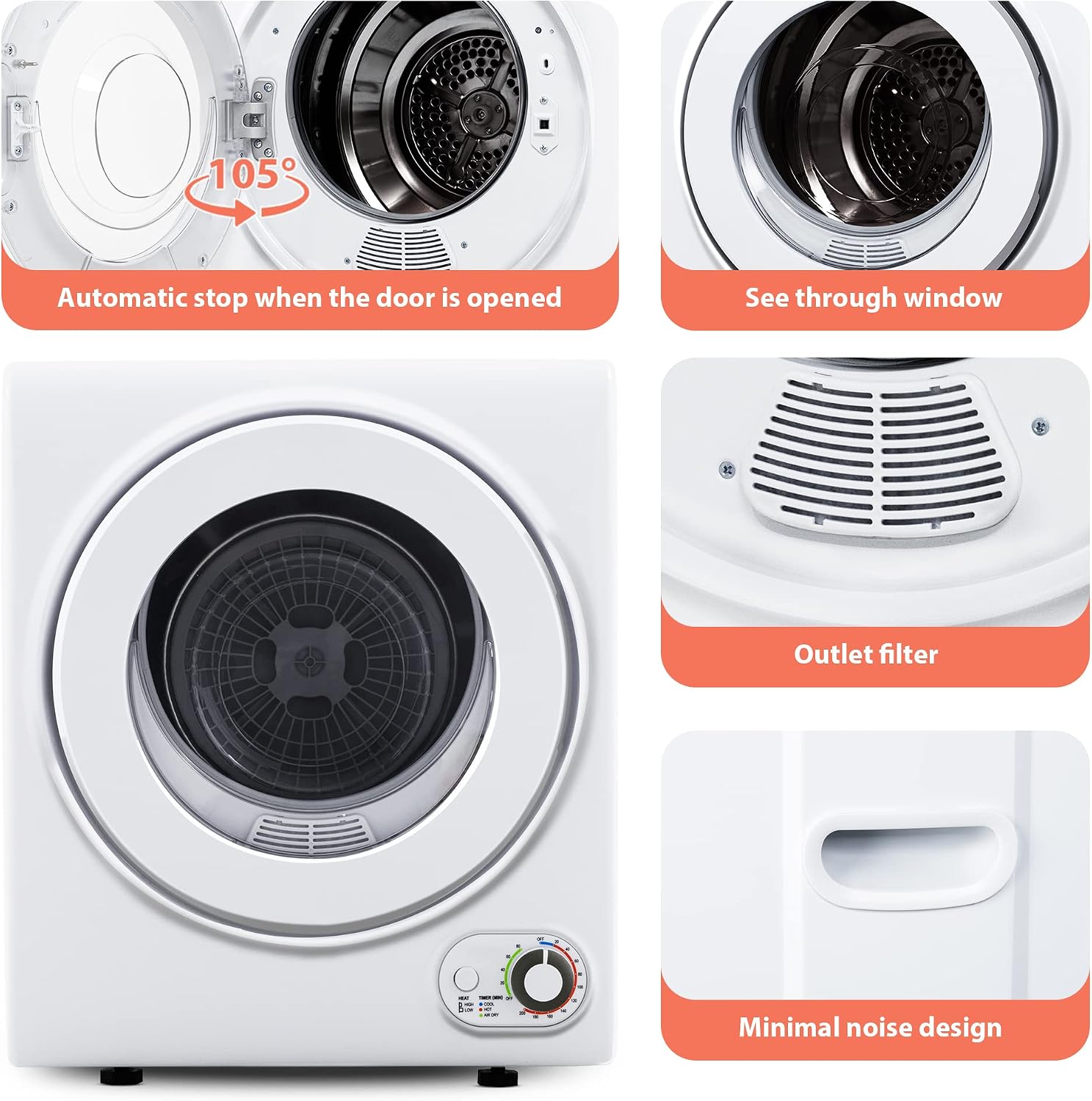 Euhomy Portable Dryer 1.5 cu. ft., 850W Powerful Clothes Dryer with Stainless Steel Drum and Exhaust Hose, Dryer Ideal for Apartments, RVs, Dorm Rooms，White