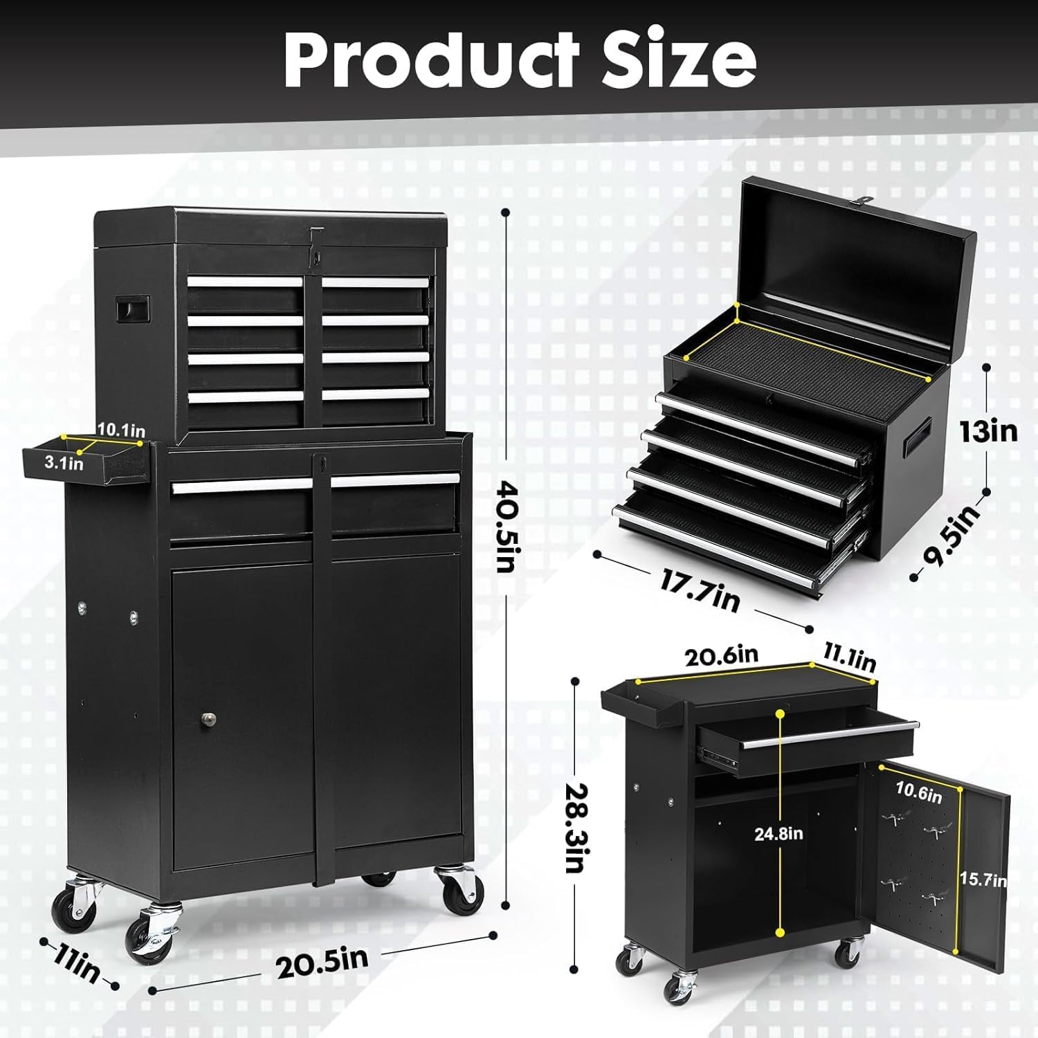 5 Drawers Rolling Tool Chest, 2-in-1 Detachable Metal Tool Storage Cabinet with Wheels, Lockable Tool Cart with Hooks for Garage, Workshop or Salon Use, Black