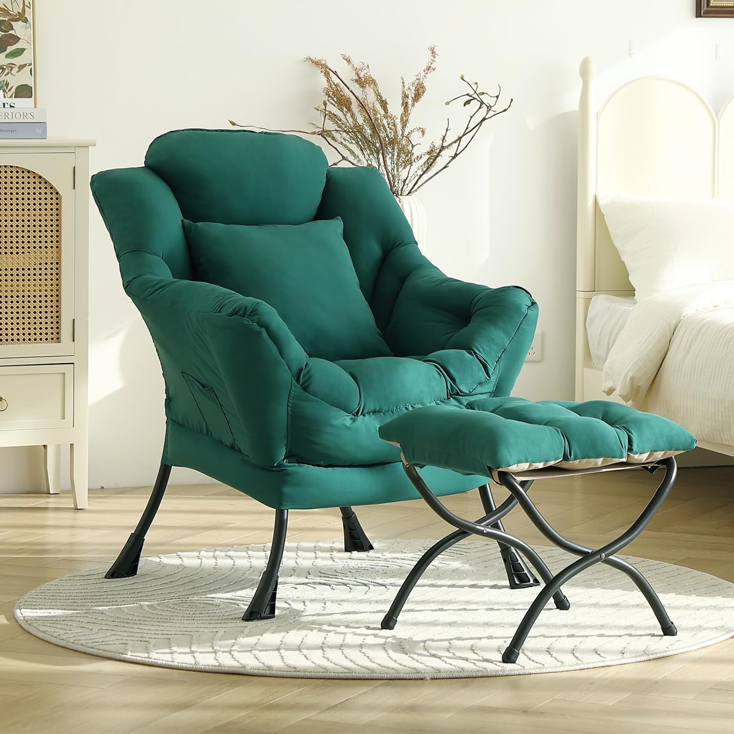 Lazy Chair with Ottoman, Large Accent Chair with Ottoman and a Throw Pillow, Dark Green Reading Chair for Living Room Bedroom Dorm Room Office Apartment Relaxing Use
