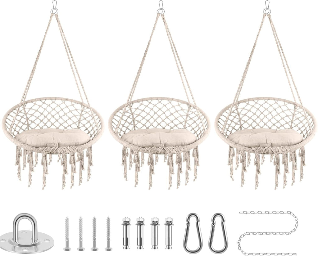 Hammock Chair, 330Lbs Swing Chair for Bedroom, Swing Chair with Comfy Cushion, Hanging Chair, for Bedroom, Porch, Adults, Balcony (Beige 3PCS)