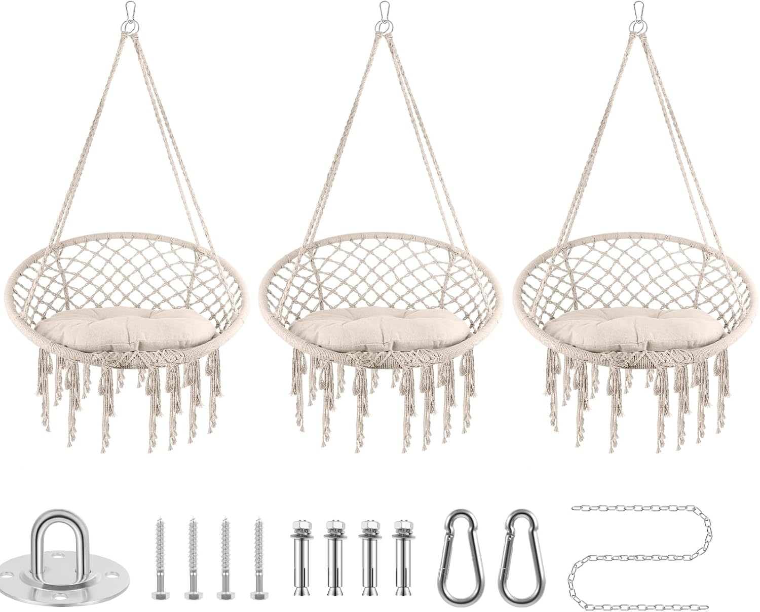 Hammock Chair, 330Lbs Swing Chair for Bedroom, Swing Chair with Comfy Cushion, Hanging Chair, for Bedroom, Porch, Adults, Balcony (Beige 3PCS)