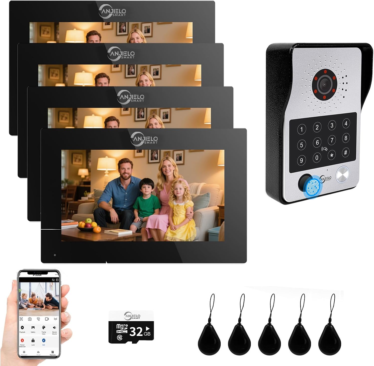 7-Inch Smart Video Intercom System,1080P HD Wired Doorbell with Touchscreen Monitor,Fingerprint, RFID & PIN Unlock,Tuya Smart App Control,Ideal for Homes, Villas & Apartments (1 doorbell + 4 Monitor)