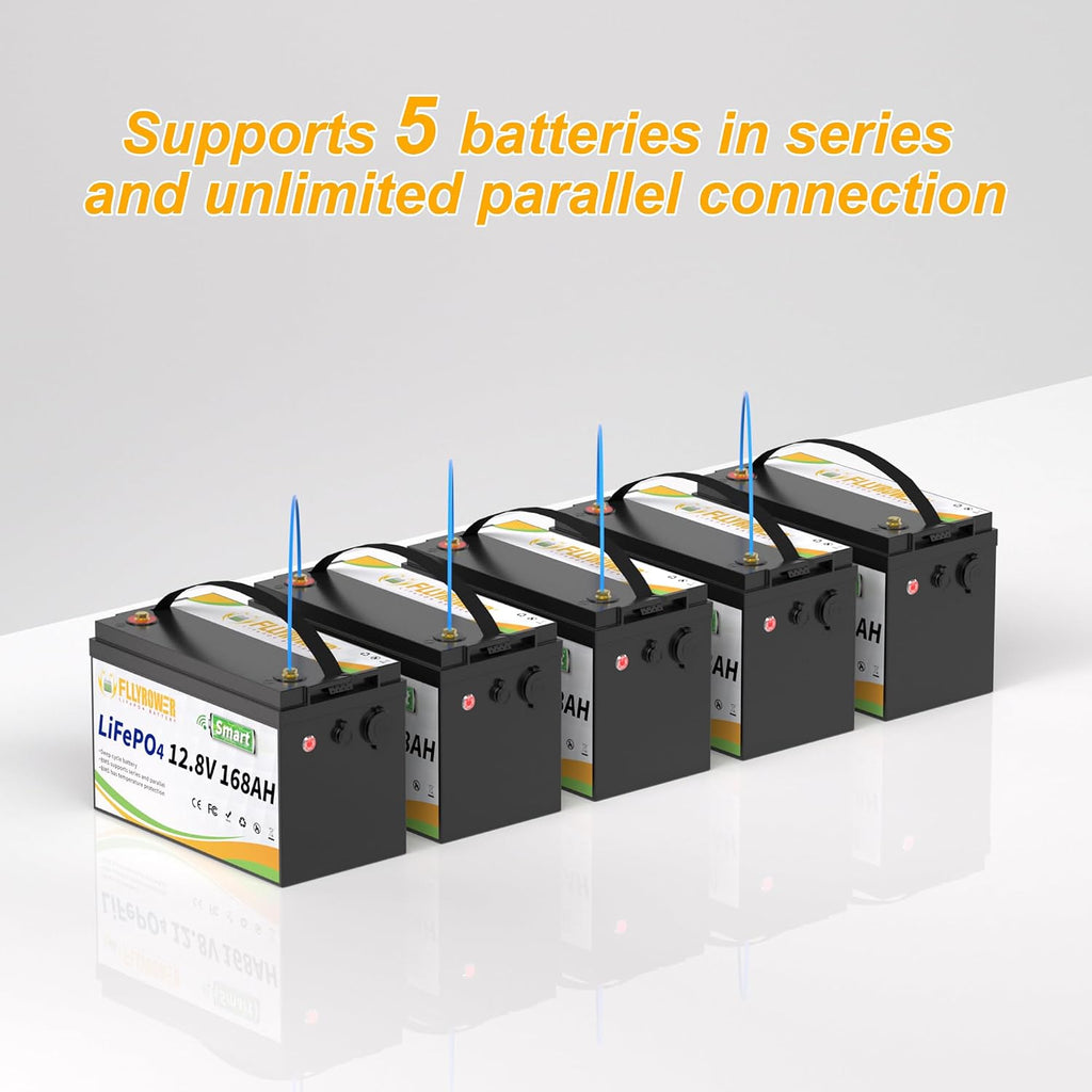 FLLYROWER Lithium Battery 12V 168AH With Smart BMS and 17000 Deep Cycles Lifepo4 Battery Grade A Cells for Marine Trolling Motor RV camping Solar Golf Cart Off-Grid