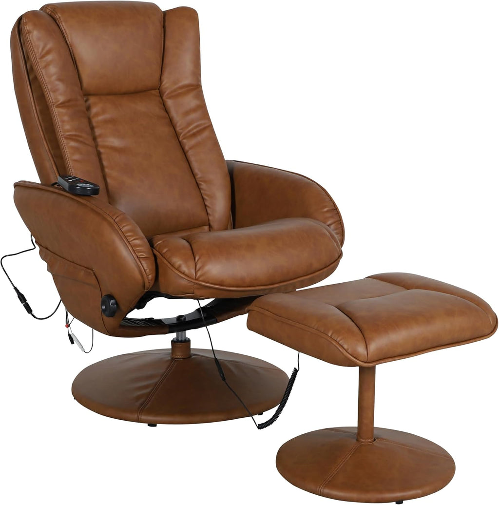 Flash Furniture Poppy Massaging Multi-Position Plush Recliner with Side Pocket and Ottoman in Brown LeatherSoft