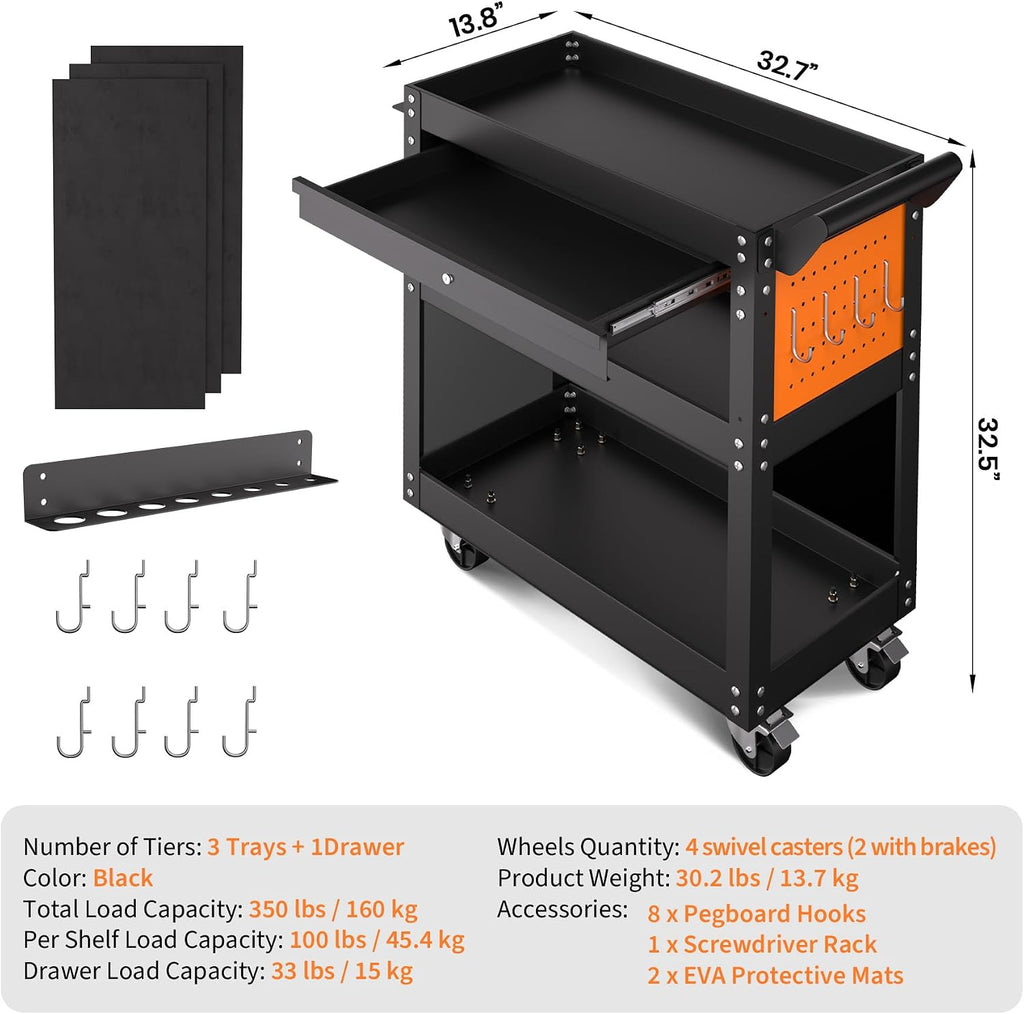 4 Tier Heavy Duty Rolling Tool Cart On Wheels, 350 Lb Capacity, Metal Utility Carts with Lockable Drawer & Side Pegboards, Mechanic Tool Storage Organizer for Garage Workshop Repair Shop
