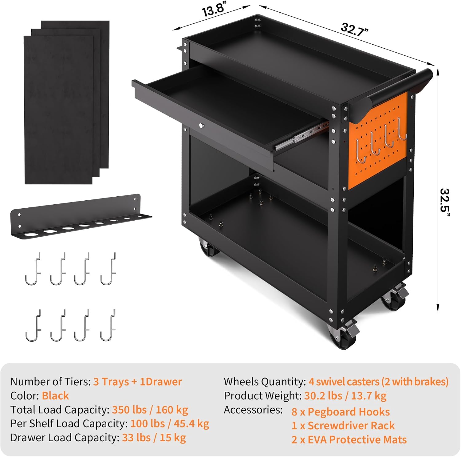 4 Tier Heavy Duty Rolling Tool Cart On Wheels, 350 Lb Capacity, Metal Utility Carts with Lockable Drawer & Side Pegboards, Mechanic Tool Storage Organizer for Garage Workshop Repair Shop