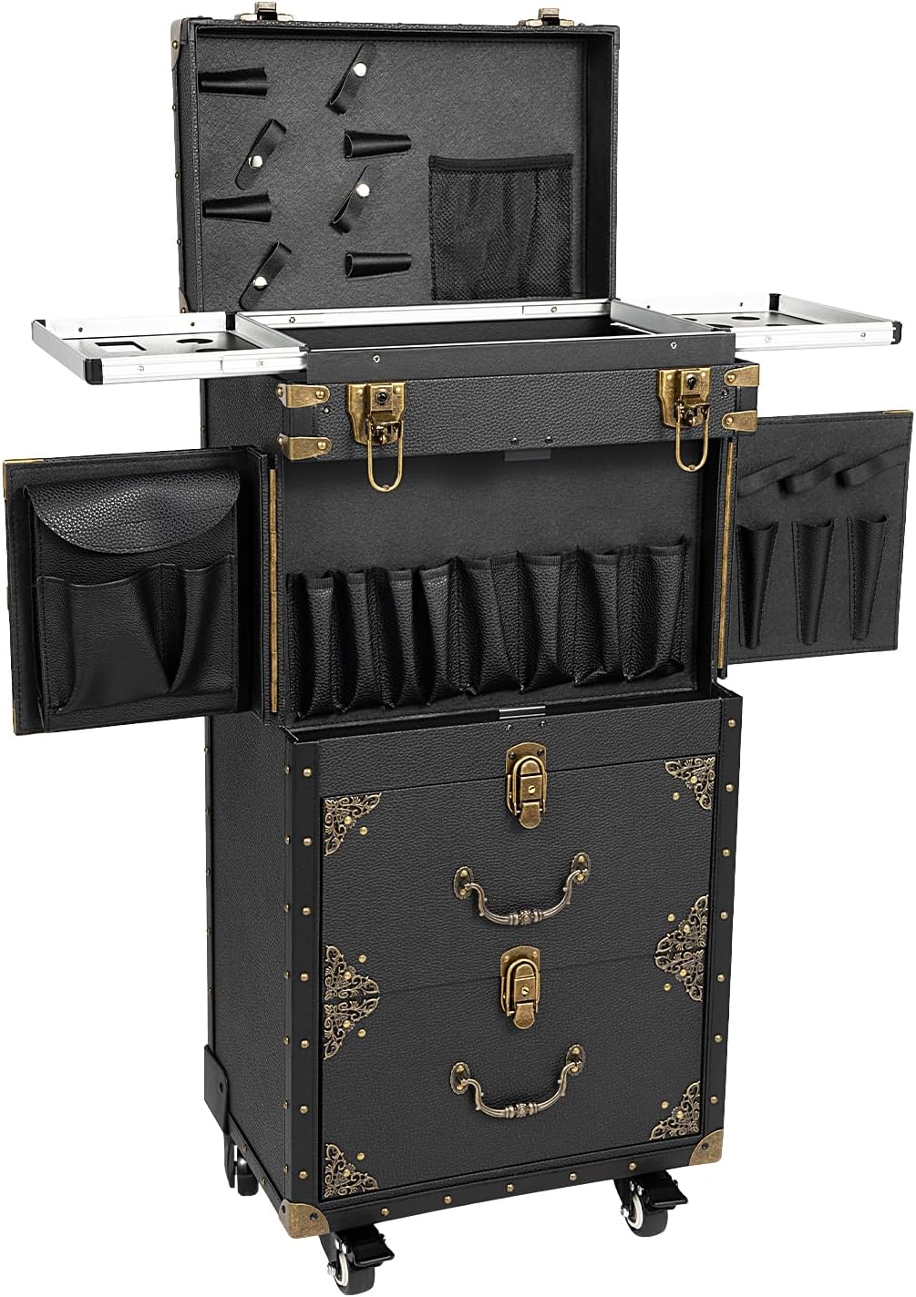 Rolling Makeup Train Case with Drawer, 14.96*10.04*32.28 Lockable Makeup Train Case, Cosmetology Case on Wheels Hairstylist Traveling Bag, Salon Cosmetic Luggage Travel Organizer Tool Box, Black