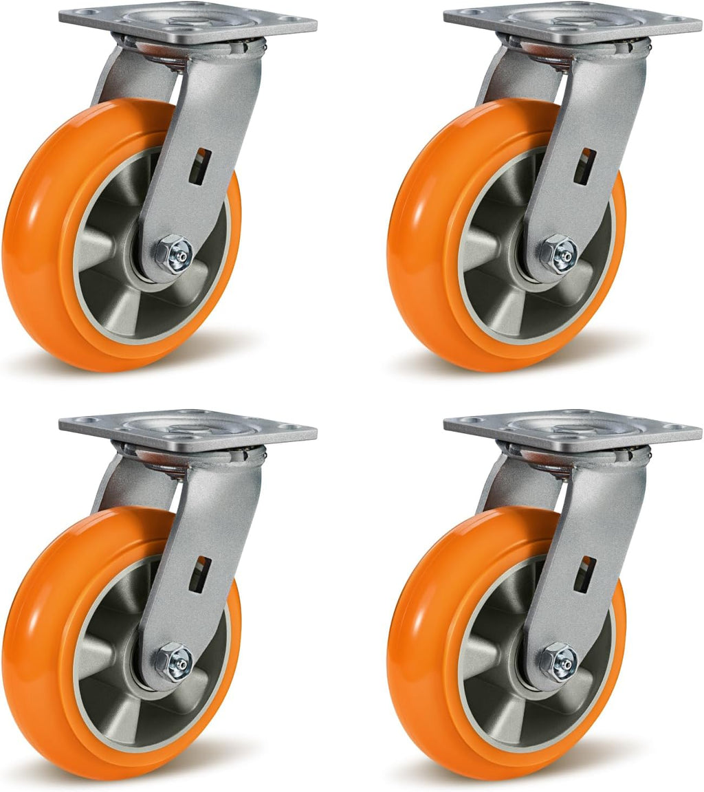 6' Caster Wheels Heavy Duty, Crowned Tread Aluminum Core Thickened Polyurethane Casters Set of 4 with Load 4800lbs Capacity, Industrial Swivel Caster Wheels for Cart Toolbox (4 Swivel)