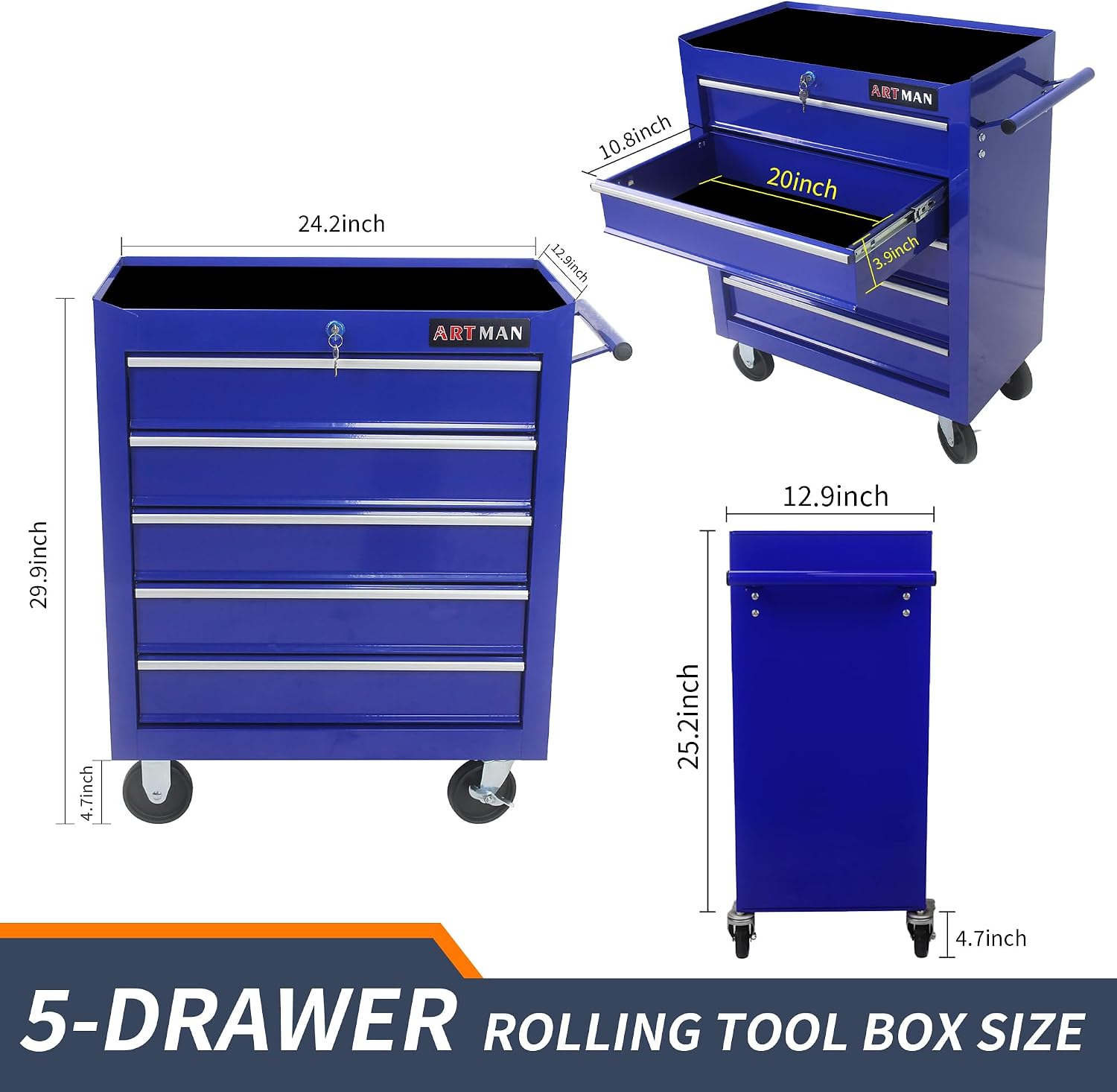 5 Drawers Rolling Tool Box，Tool Chest on Wheels, Lockable Tool Storage Cabinet Organizer Cabinet for Garage, Warehouse, Repair Shop, Workshop