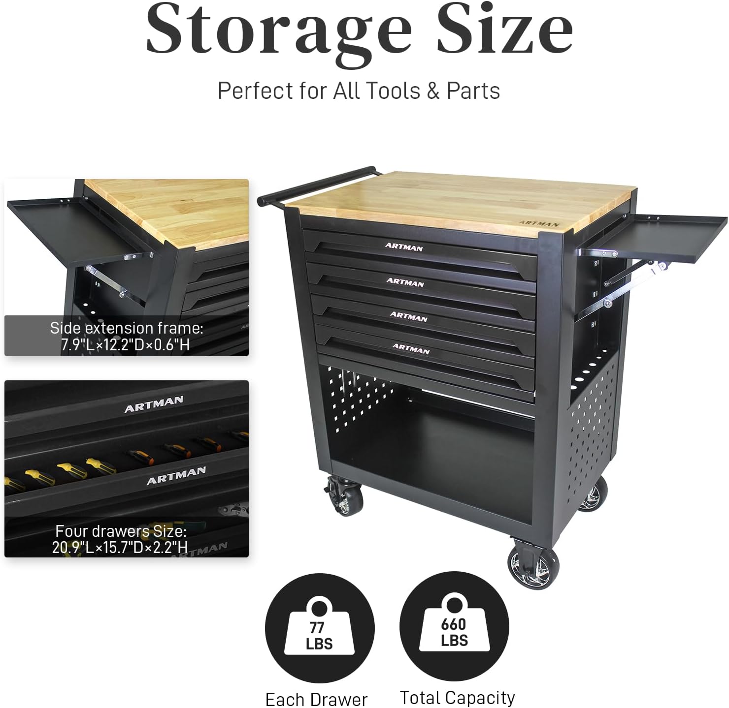 Rolling Tool Cart with 4-Drawer Wood Top Utility Tool Chest on Wheels Mechanic Tool Storage Organizer Cabinet for Garage, Warehouse, Workshop, Repair Shop (Black)