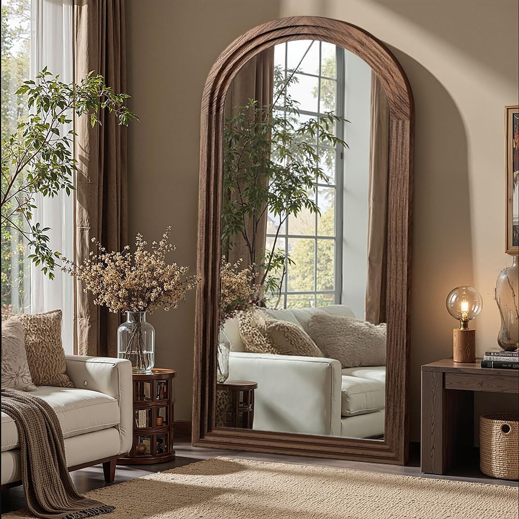 Delma Arched Full Length Floor Mirror with Stand, 55x24 Rustic Farmhouse Solid Wood Frame Wall Mirror for Bedroom, Living Room, Vertical Hanging & Standing(Brown)
