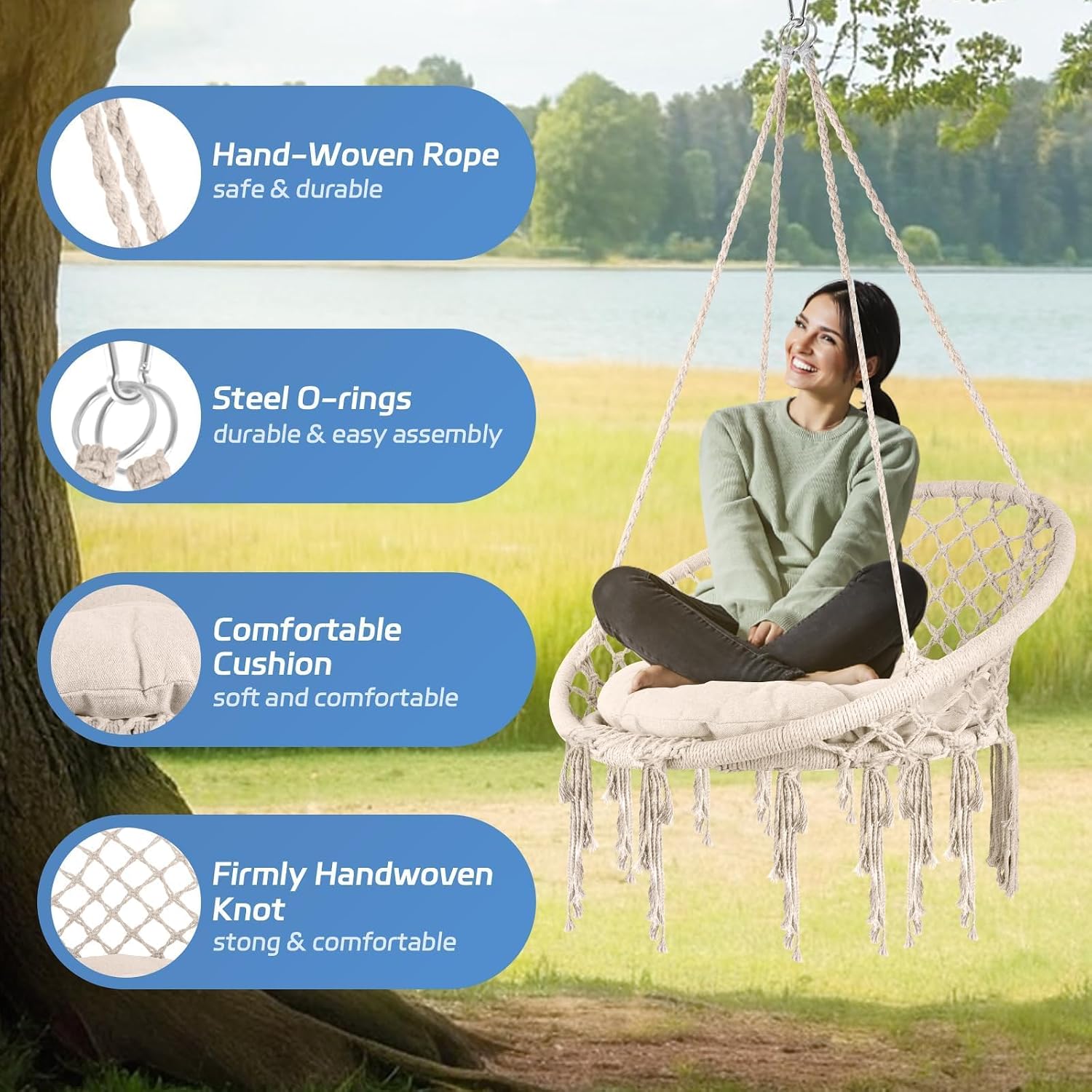 Hammock Chair, 330Lbs Swing Chair for Bedroom, Swing Chair with Comfy Cushion, Hanging Chair, for Bedroom, Porch, Adults, Balcony (Beige 3PCS)
