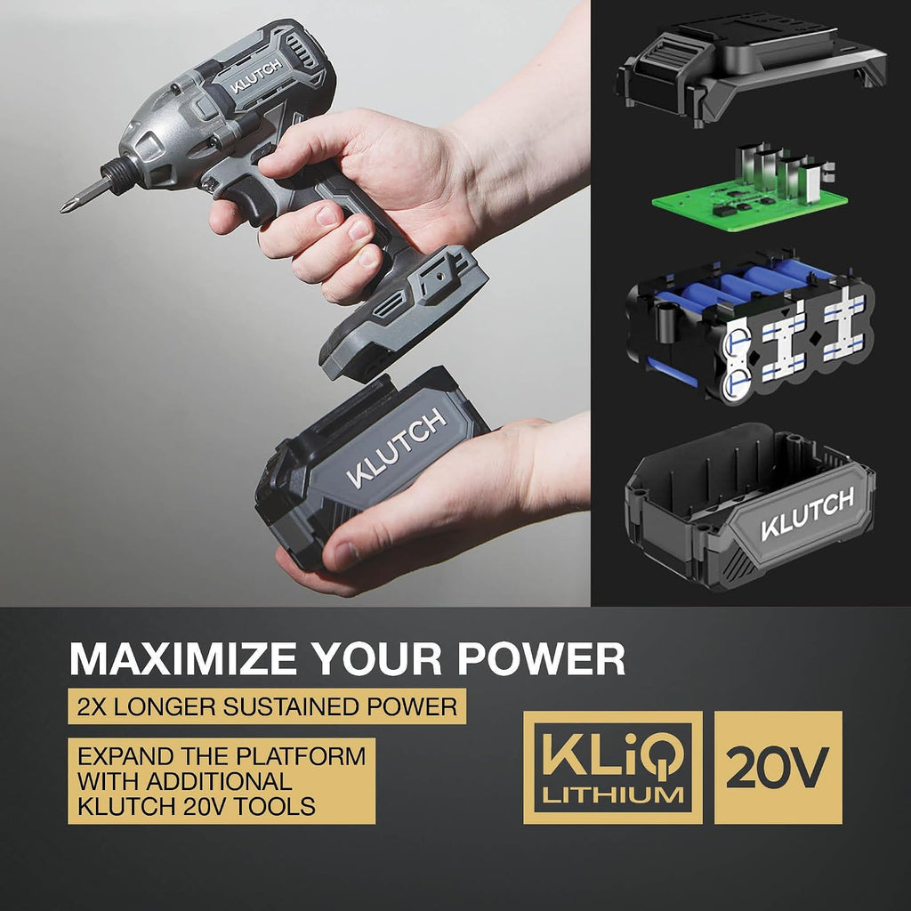 Klutch Drill/Driver and Impact Driver Kit, KLiQ 20 Volt Brushless, 1/2in. and 1/4in.