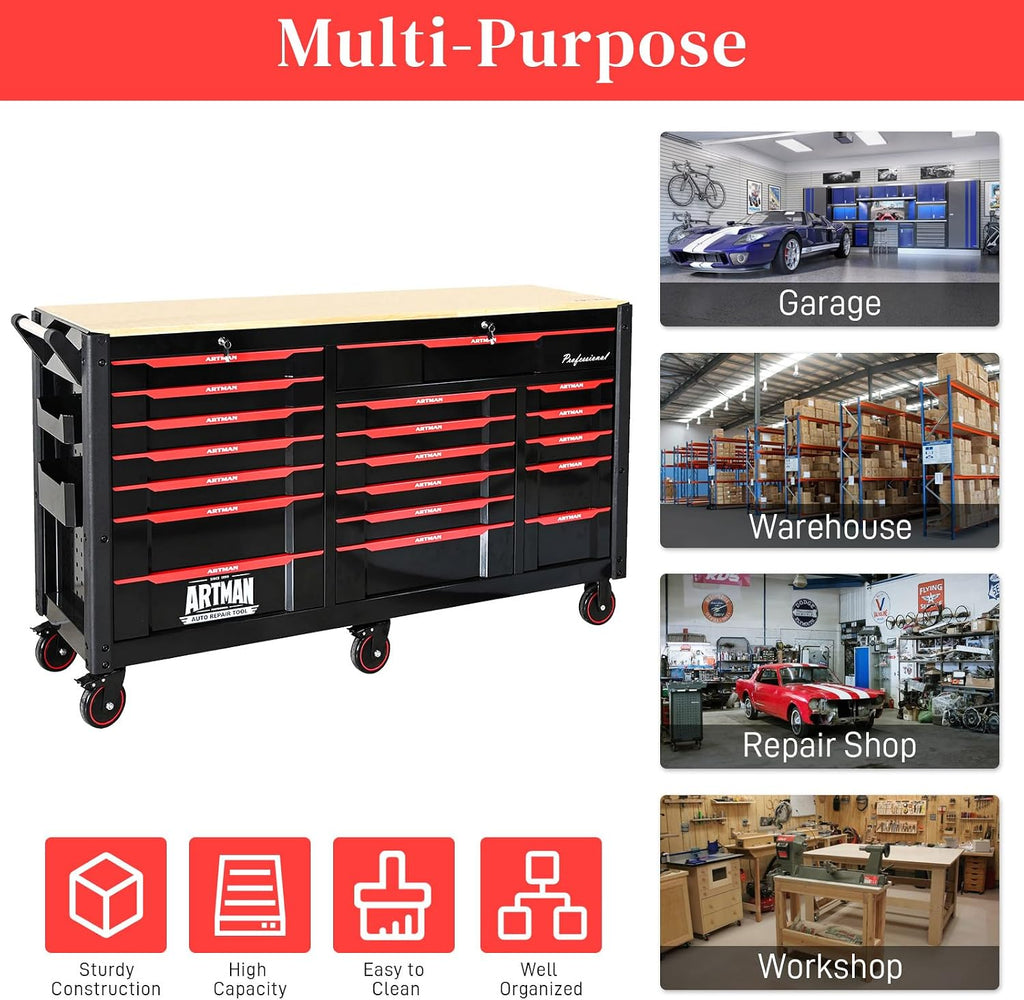 66' Rolling Tool Chest with 19 Drawers Large Mobile Workbench Heavy Duty Tool Cart on Wheels Work Bench Mechanic Toolbox Lockable Storage Cabinet for Garage, Workshop, Warehouse, Laboratory, Wood Top