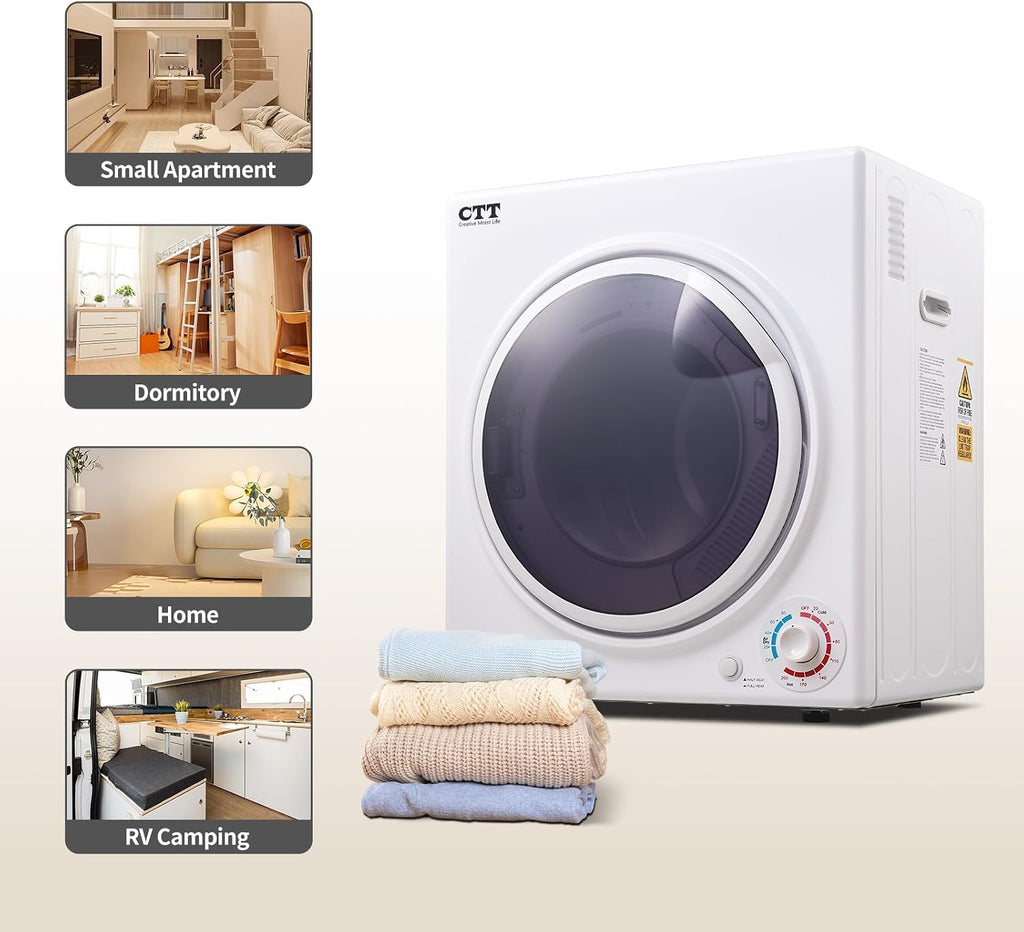 CTT 3.5 Cu. Ft. Clothes Dryer, 1500W Electric Dryers for Clothes, 110V Electric Clothes Dryer with Stainless Steel Drumble for 13.2 lbs. with 4 Automatic Drying Modes (White)