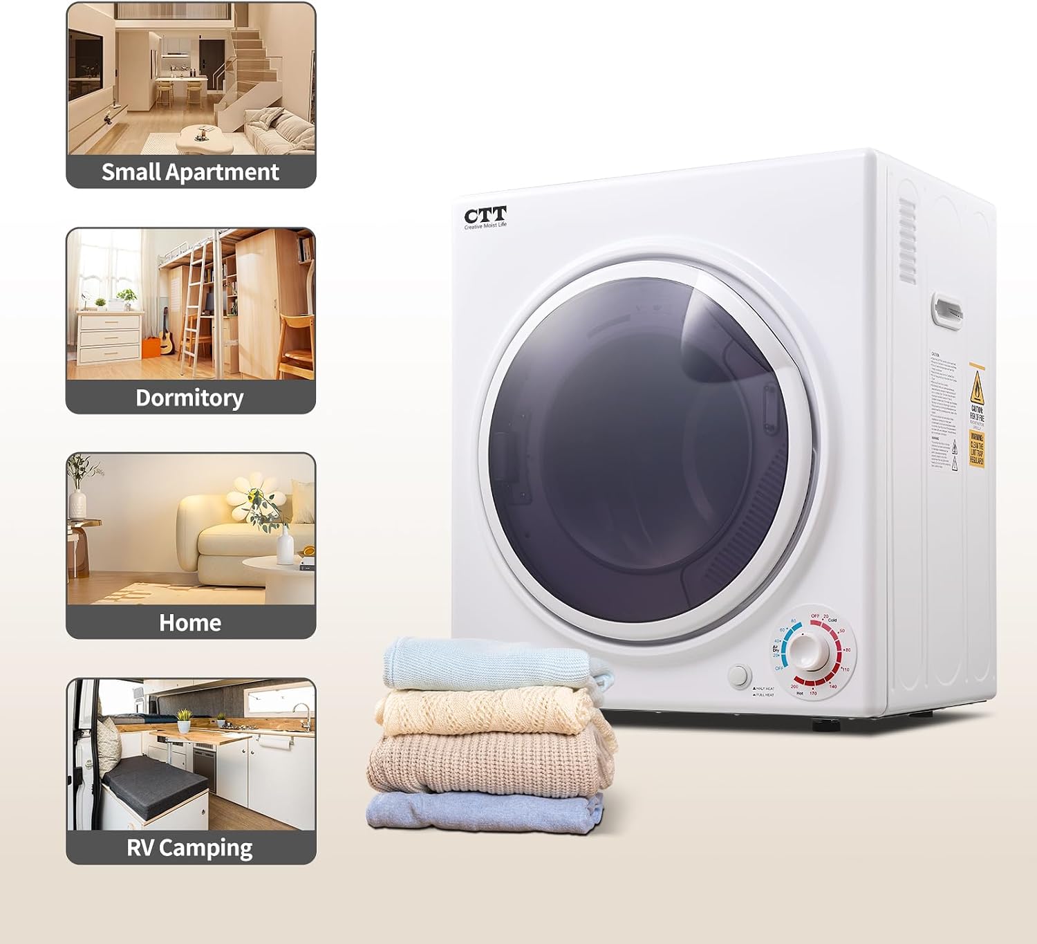 CTT Portable Dryers for Laundry 1500W, 3.5 Cu.ft Portable Clothes Dryer with 4 Dring Mode, Front Load Clothes Dryer Machine for Home, Apartment,Auto-shutt off,White