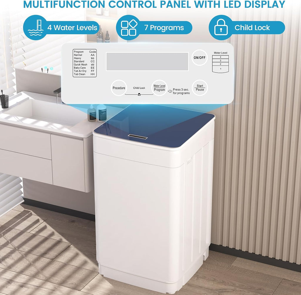 Zynkez 18lbs Portable Washing Machine, Fully Automatic Washing Machine with LED Display, 7 Wash Cycles, 26 Mins Quick Wash, Washer and Spin Dryer Combo with Drain Pump for Apartment Home