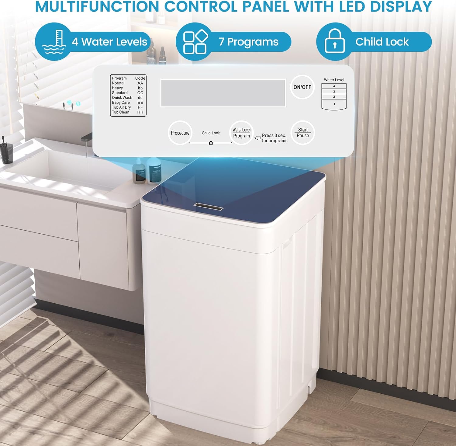 Zynkez 18lbs Portable Washing Machine, Fully Automatic Washing Machine with LED Display, 7 Wash Cycles, 26 Mins Quick Wash, Washer and Spin Dryer Combo with Drain Pump for Apartment Home