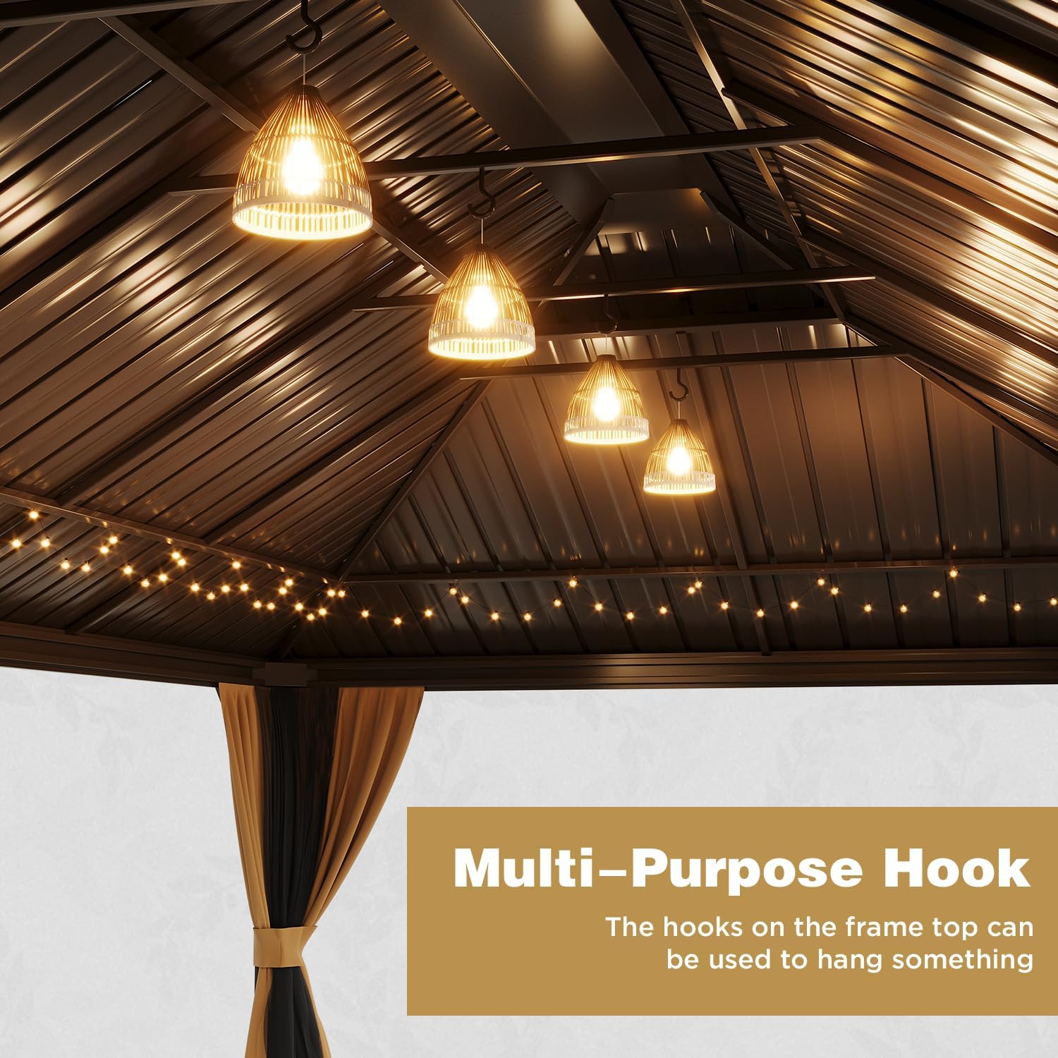 YOLENY 12'x22' Hardtop Gazebo, Galvanized Steel Double Roof with Wood Grain Aluminum Frame Pergola, Outdoor Permanent Metal Pavilion with Curtains and Nettings for Patio, Backyard and Deck
