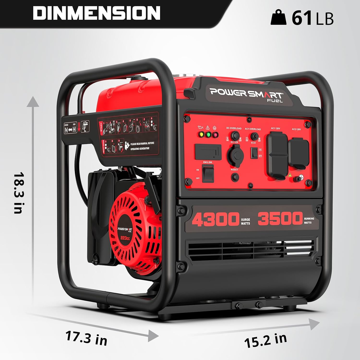 PowerSmart 4300W Portable Inverter Generator, 3500W Rated, 223cc 4-Stroke Gas Powered Engine, Pure Sine Wave for Sensitive Electronics, RV Ready with 30A Outlet, Home Backup, Camping, Emergency