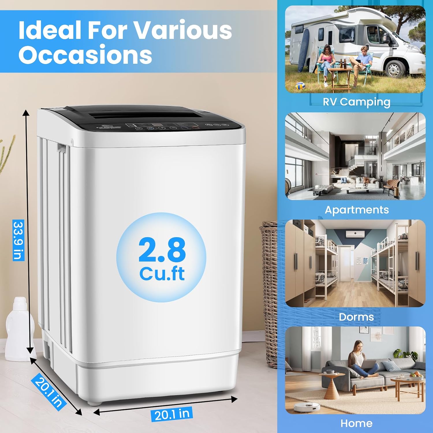 Nictemaw 20 lbs Portable Washing Machine, 2.8 Cu.ft Full Automatic Top Load Washer with 4 Programs, 4 Water Levels, 3 Temps, Drain Pump & LED Display, Compact Laundry Washer for Apartment, Dorm, RV
