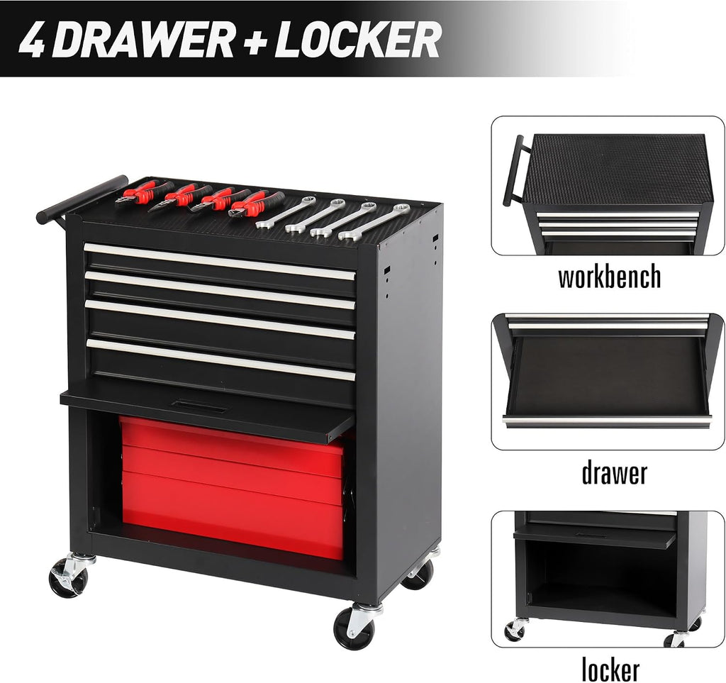 4-Drawer Rolling Tool Chest, Cabinet with 4 Wheels Tool Chest with Drawers, Suitable for Garages, Warehouses, Workshops, Repair Shops (4-Drawer Black)
