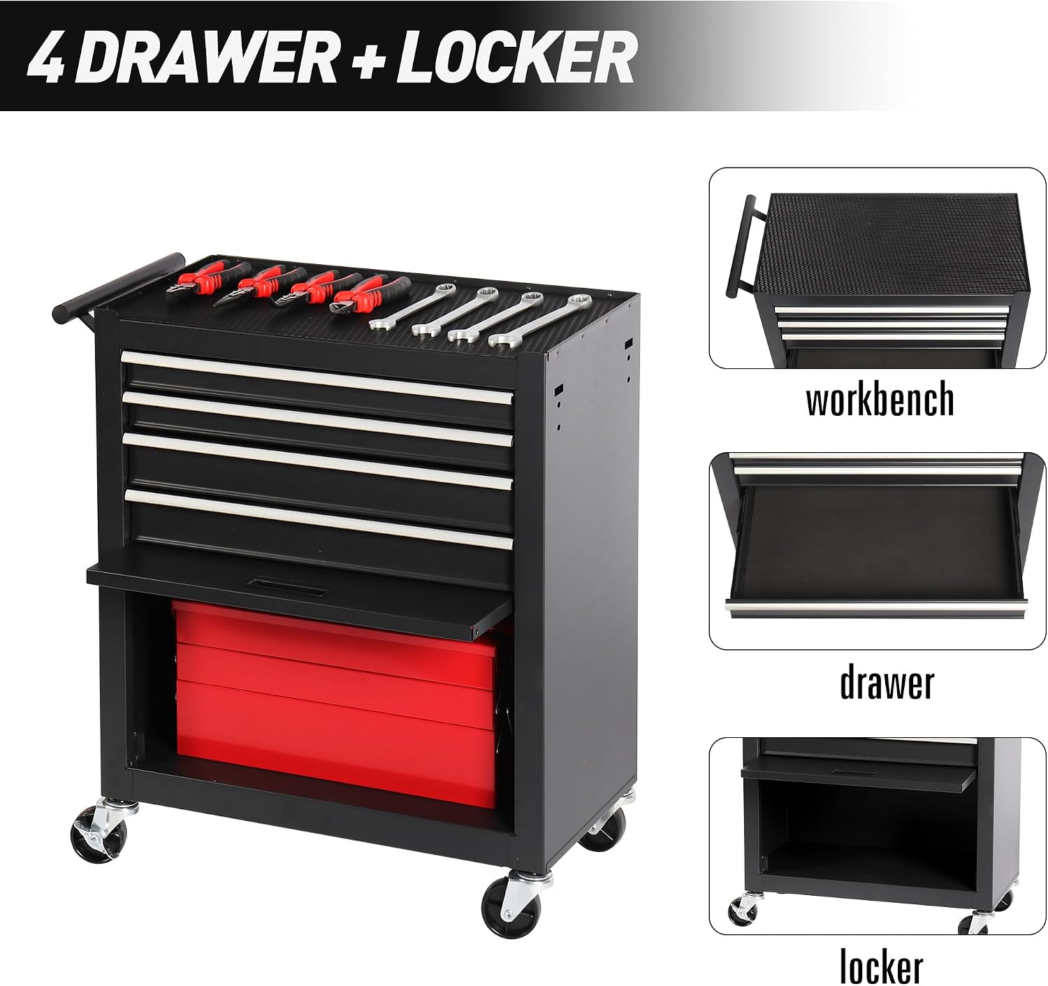 4-Drawer Rolling Tool Chest, Cabinet with 4 Wheels Tool Chest with Drawers, Suitable for Garages, Warehouses, Workshops, Repair Shops (4-Drawer Black)