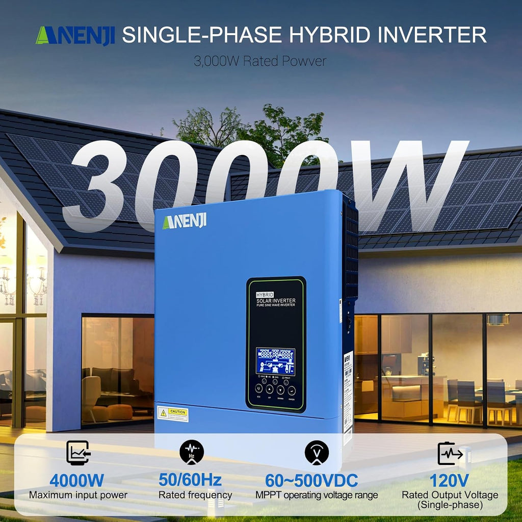 3000W Hybrid Solar Inverter 24V DC to 110V AC, Pure Sine Wave, Built-in 100A MPPT Controller, 98% Efficiency, Solar & Generator Input, Dustproof, for Home Backup RV Off-Grid