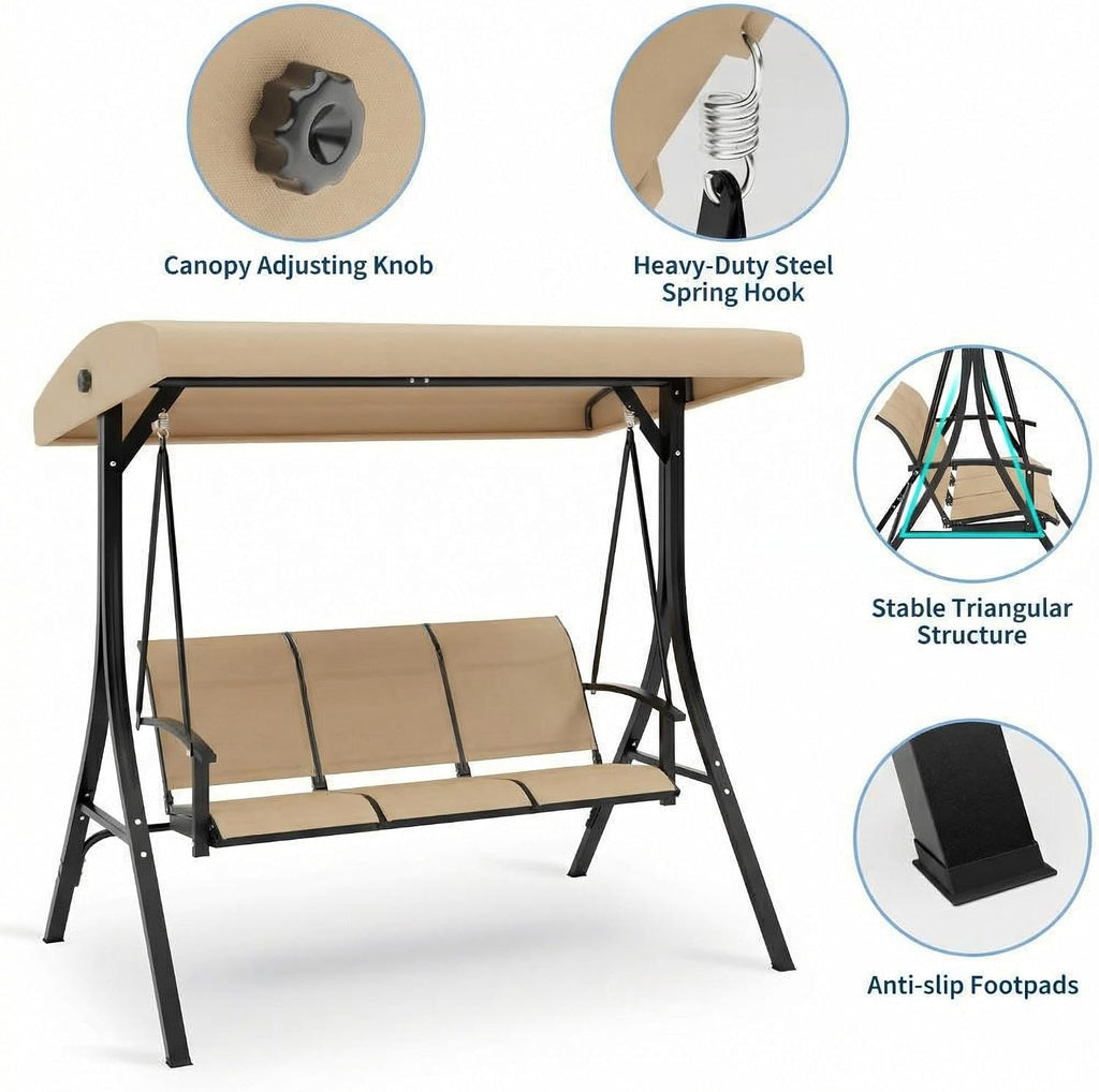 GarveeLife 3-Seat Patio Swing Chair, Outdoor Porch Hanging Chairs with Adjustable Canopy and Armrests, Breathable Textilene Fabric Seat & Backrest, Swing Bench for Garden, Poolside, Backyard, Beige