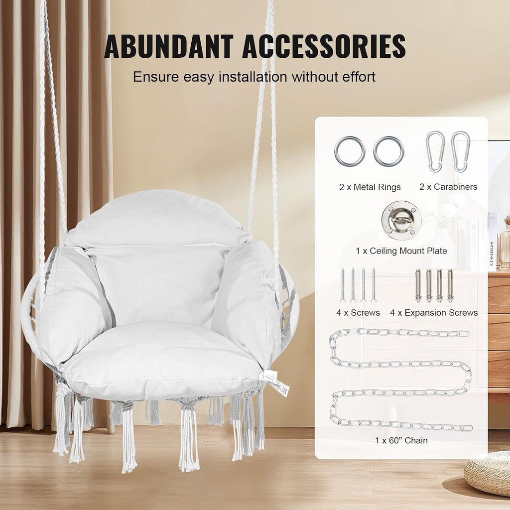 Happybuy Hanging Hammock Swing Chair, Cotton Rope with Cushion and Mounting Hardware, Macramé for Bedroom, Balcony, Patio, Garden, 264 lbs Capacity, White