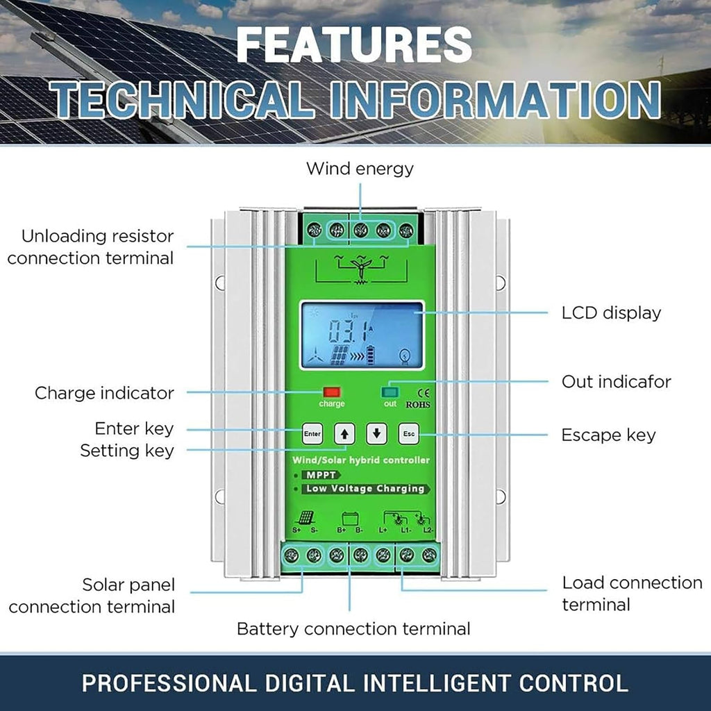 12V/24V/48V Battery Off Grid Wind Turbine Solar Hybrid MPPT Charge Boost Controller with Unloader,for Wind Generator Solar Panel System Controller 3000W