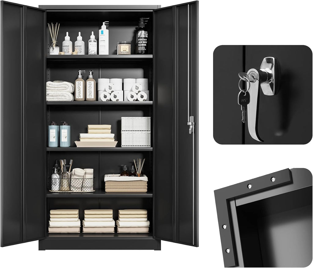 Metal Storage Cabinet 71' Black Garage Tool Cabinet with Doors and Shelves,Heavy Duty Tall Steel File Cabinet with Lock for Home Office Kitchen Gym School