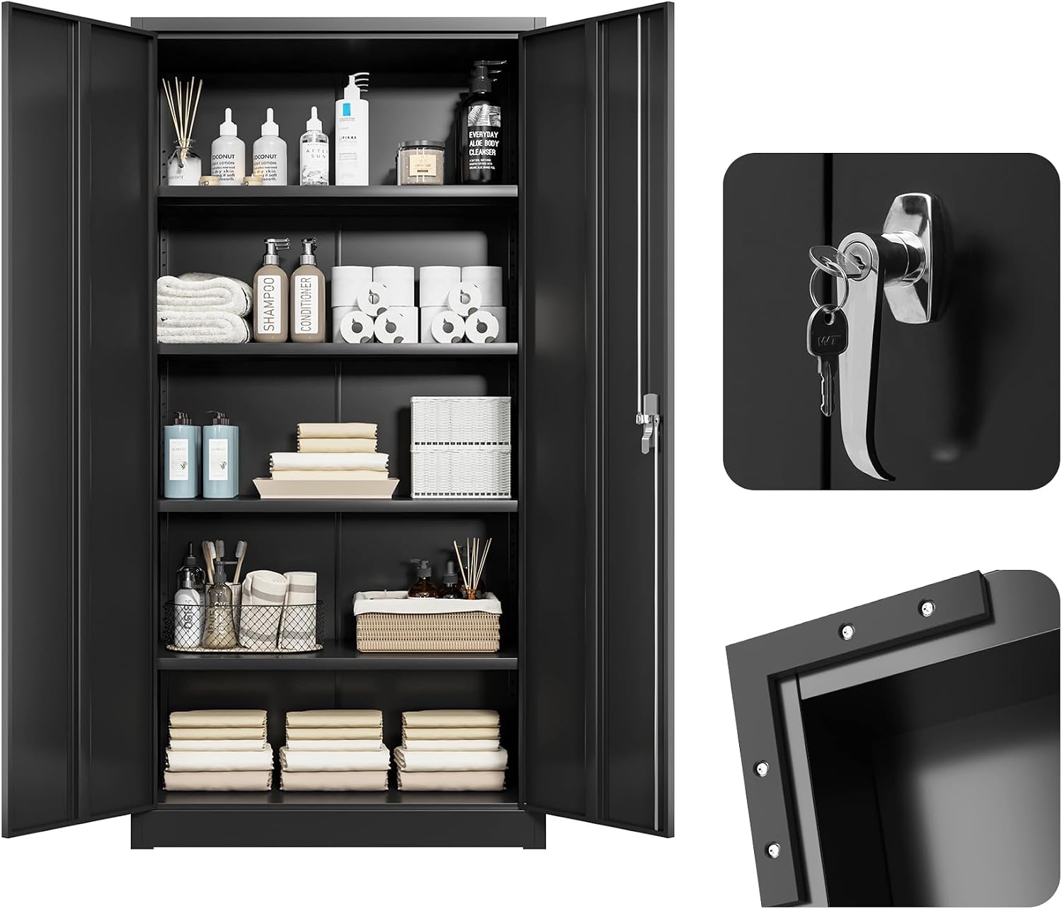 Metal Storage Cabinet 71' Black Garage Tool Cabinet with Doors and Shelves,Heavy Duty Tall Steel File Cabinet with Lock for Home Office Kitchen Gym School
