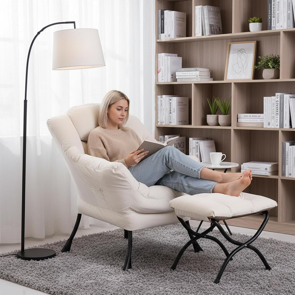 Welnow Lazy Chair with Ottoman, Modern Accent Chair with Armrests and a Side Pocket, Leisure Sofa Armchair, Reading Armchair with Footrest for Small Space, Beige