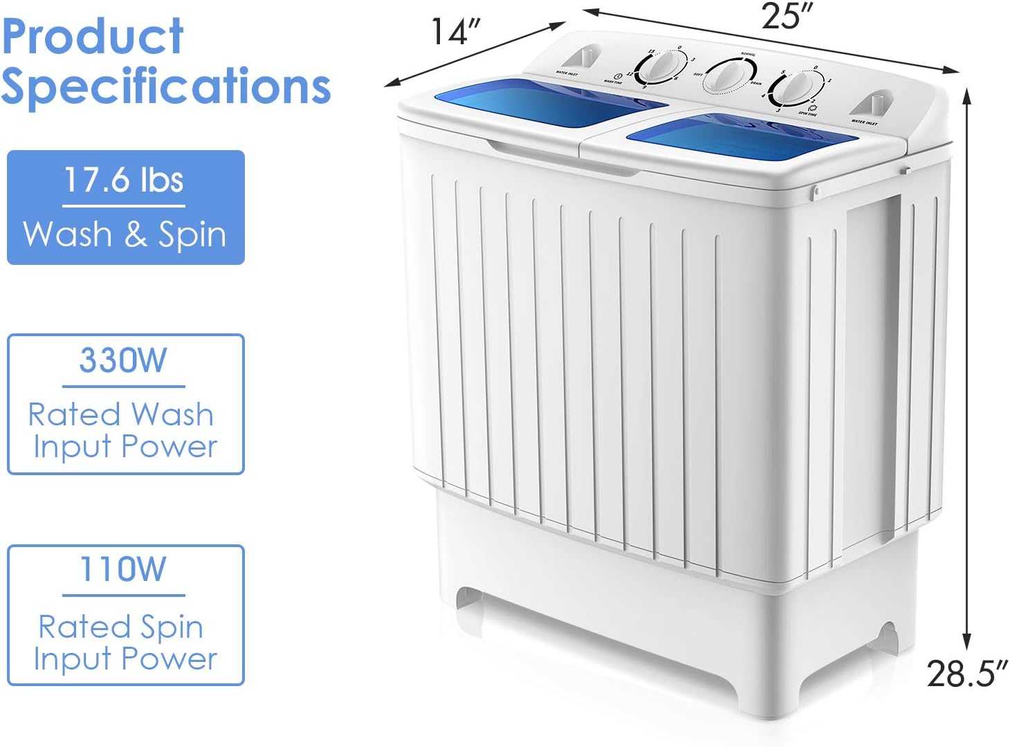 ARLIME Portable Washing Machine, 20lbs Mini Twin Tub Washing Machine w/Drain Pump, Semi Automatic 12lbs Compact Washer & 8lbs Spinner, Portable Washer Dryer Combo for Apartments Dorms RV Camping
