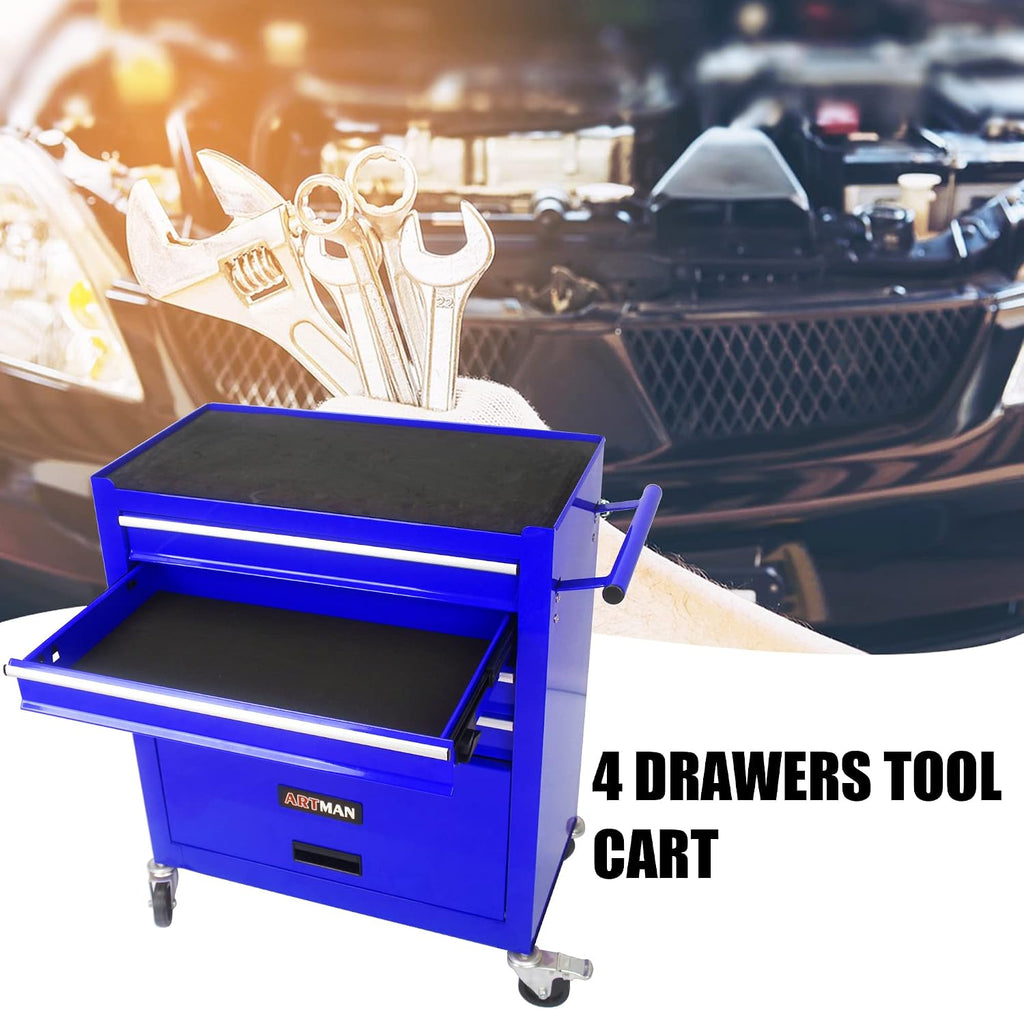 4-Drawer Tool Cart on Wheels, Drawers Rolling Tool Chest with 1 Cabinet, Mobile Trolley Organizer Tools Box with Locking Wheels & Ball Bearing Drawers for Garage,Warehouse,Repair Shop (Blue)