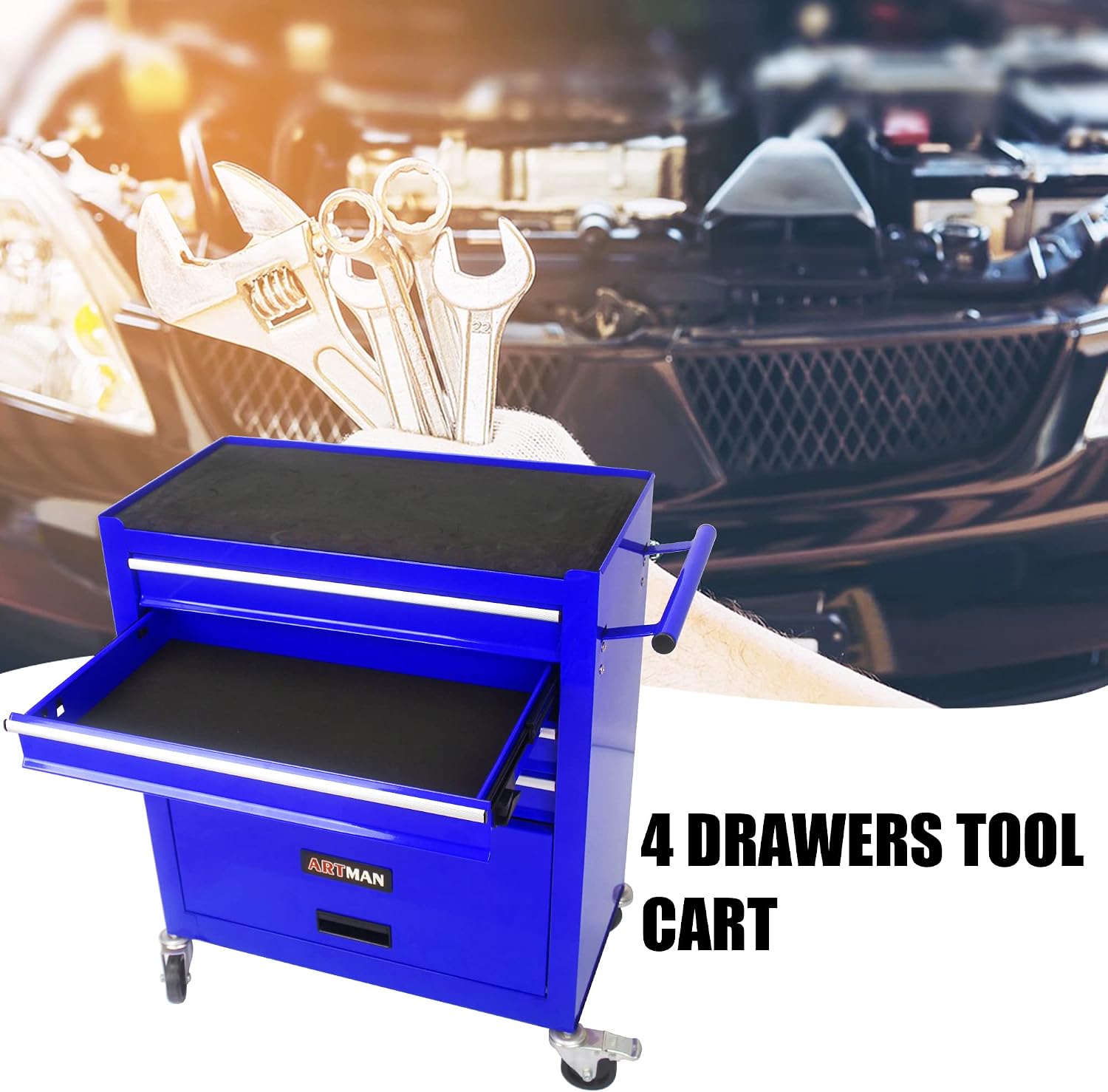 4-Drawer Tool Cart on Wheels, Drawers Rolling Tool Chest with 1 Cabinet, Mobile Trolley Organizer Tools Box with Locking Wheels & Ball Bearing Drawers for Garage,Warehouse,Repair Shop (Blue)