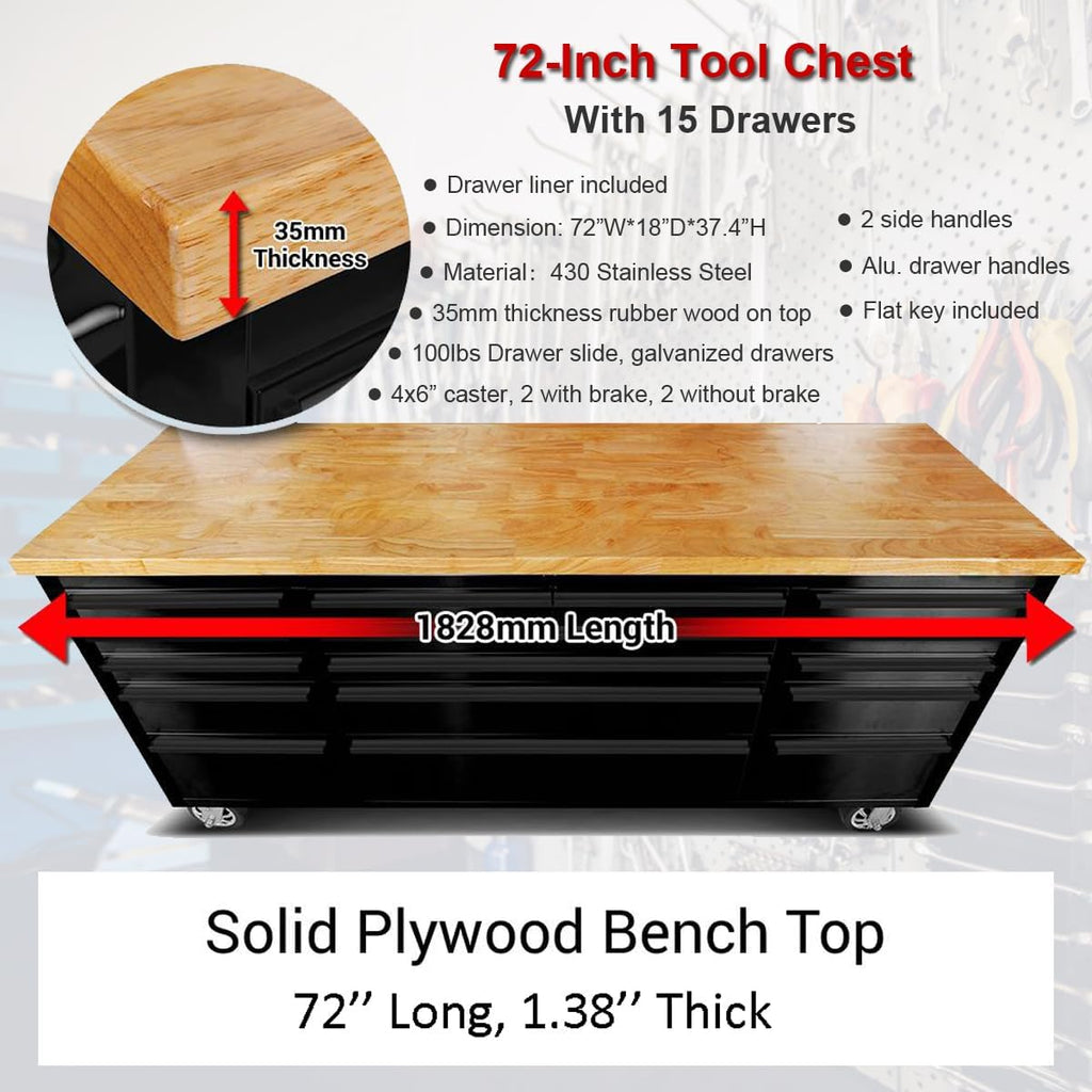 2 Pack - 72' Rolling Tool Chest with 15 Drawers + 3 Upper Cabinets, Mobile Workbench, Assembled Large Tool Box Lockable Storage Cabinet with Wheels (1 × HTC7218PC + 1 × HTC7215PC-1)