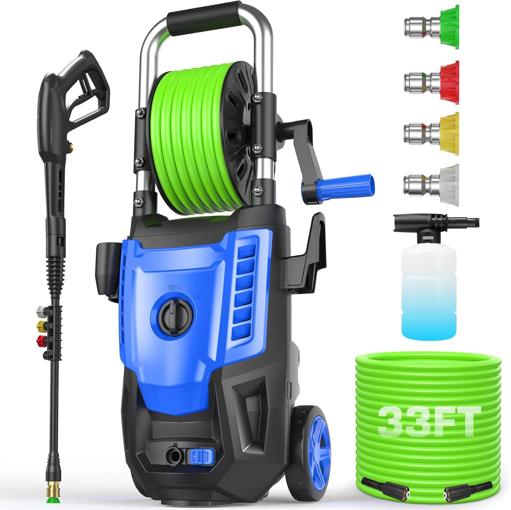 4800 PSI Electric Pressure Washer- 4.0 GPM High Power Washer with 33FT Hose Reel, 4 Spray Tips and Soap Bottle for Car Washing, Fence Cleaning, Patio Maintenance（Upgraded）(Blue)