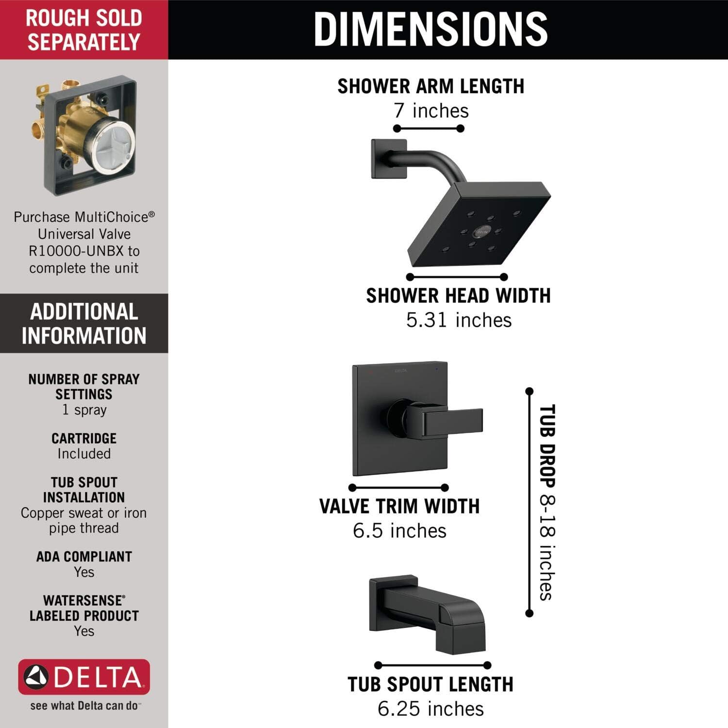 Delta Faucet Ara 14 Series Single-Function Tub and Shower Trim Kit with Single-Spray H2Okinetic Shower Head, Matte Black T14467-BL (Valve Not Included)