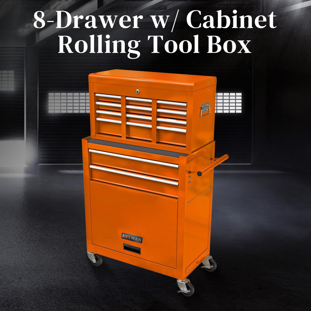 High Capacity Rolling Tool Chest with 8-Drawer Tool Box on Wheels Multifunctional Tool Cart Mechanic Tool Storage Cabinet for Garage, Warehouse, Workshop, Repair Shop (Orange)