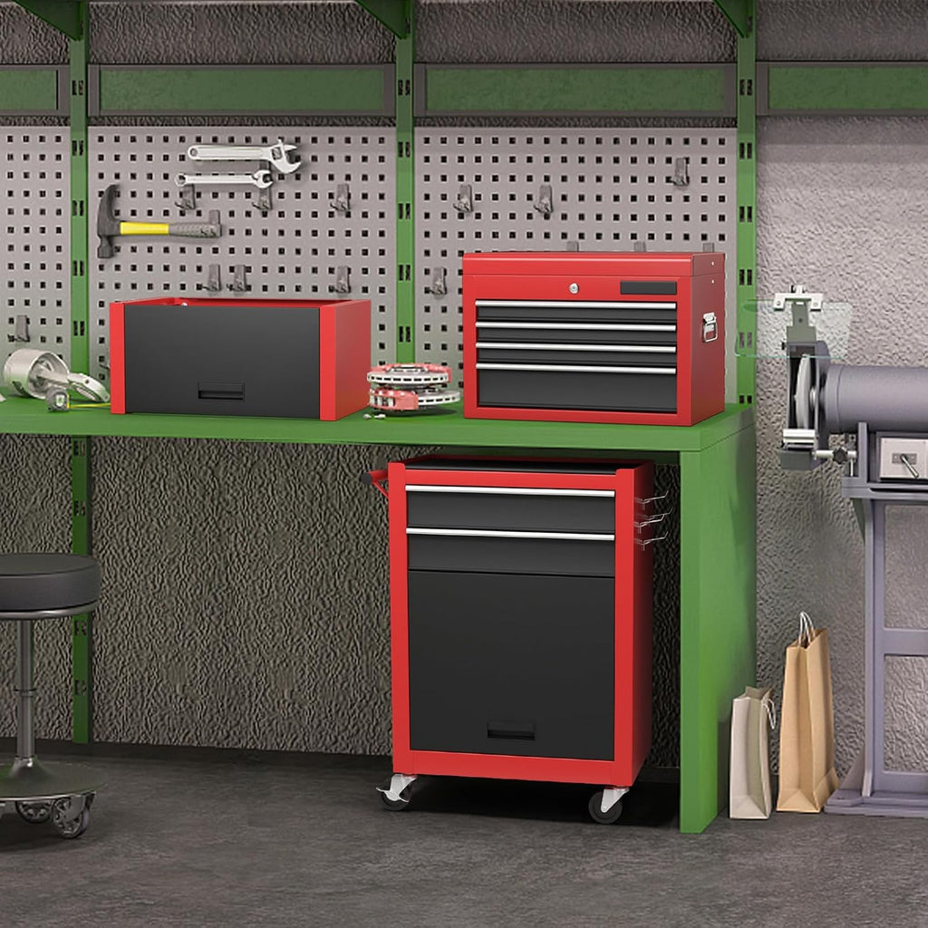 S AFSTAR 6-Drawer Rolling Tool Chest, High Capacity Tool Storage Cabinet with 4 Hooks, Locking System and Universal Wheels, 3-in-1 Detachable Toolbox for Garage, Workshop, Black and Red