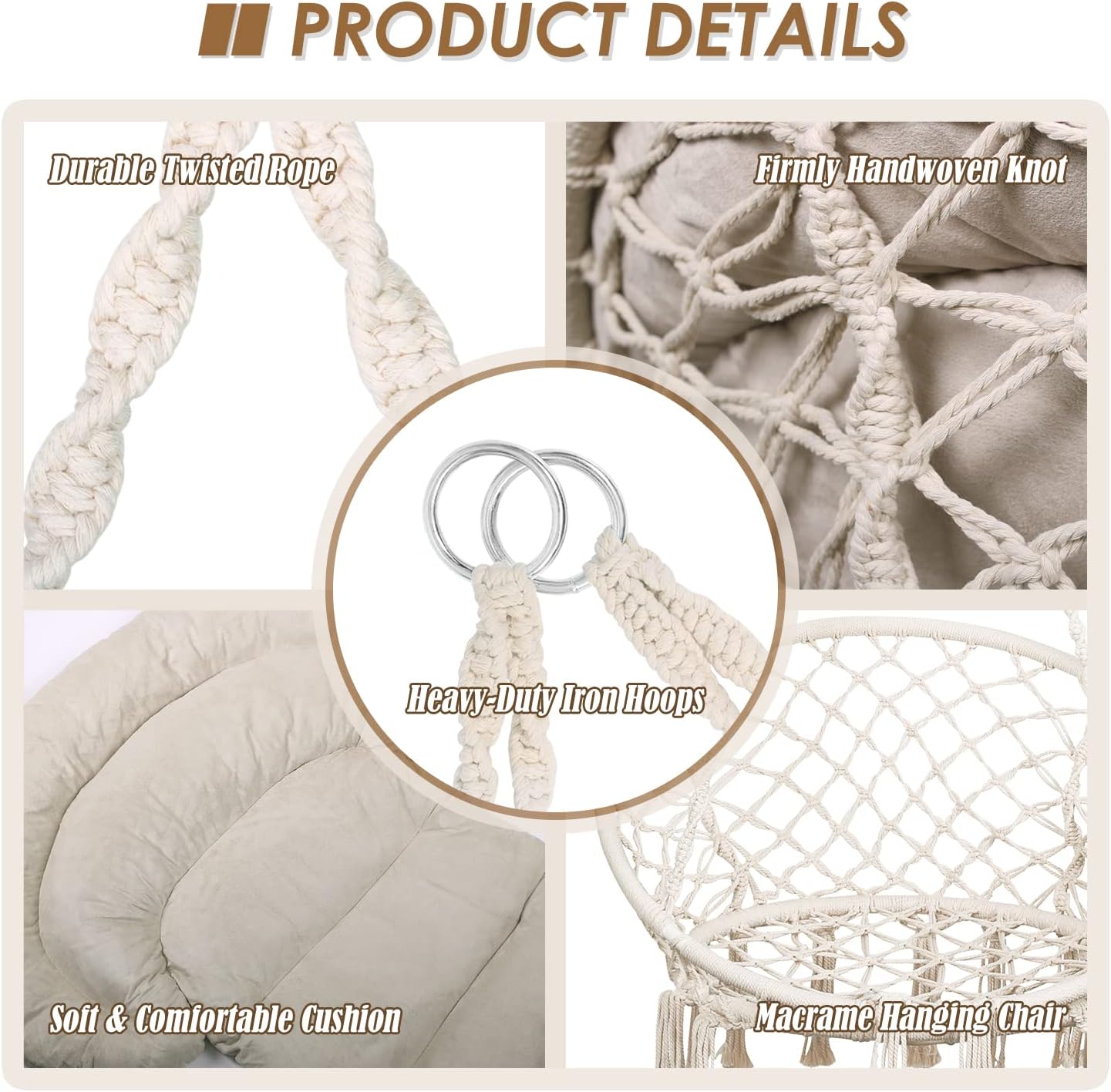 Hammock Chair with Cushion and S Hooks, Handmade Macrame Swing Chair with Hanging Hardware Kits, Bohemian Style Cotton Rope Hanging Chair for Bedroom Indoor Outdoor
