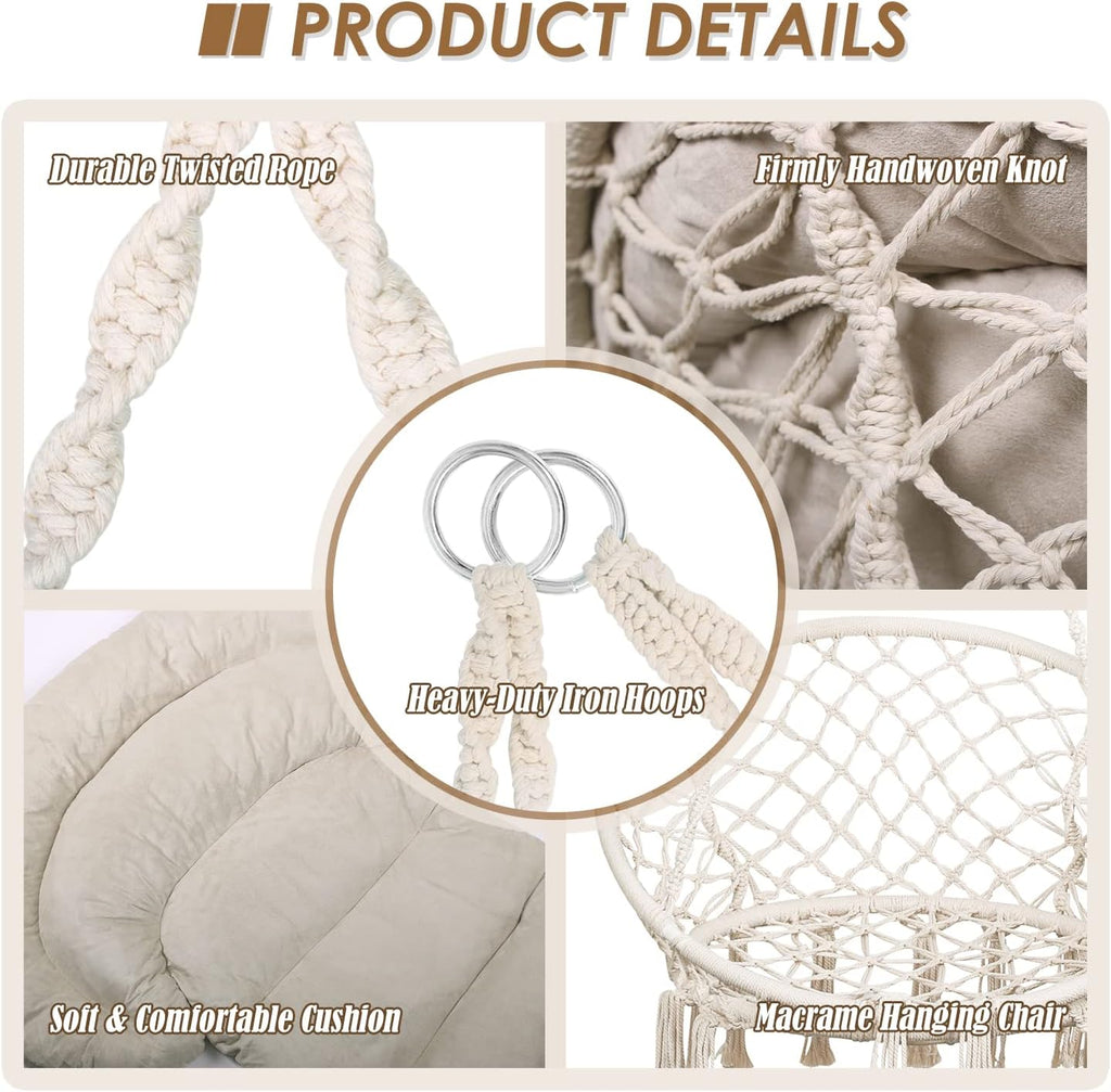 Hammock Chair with Cushion and Hanger Set, Handmade Macrame Swing Chair with Hanging Hardware Kits, Bohemian Style Cotton Rope Hanging Chair for Bedroom Indoor Outdoor, Beige