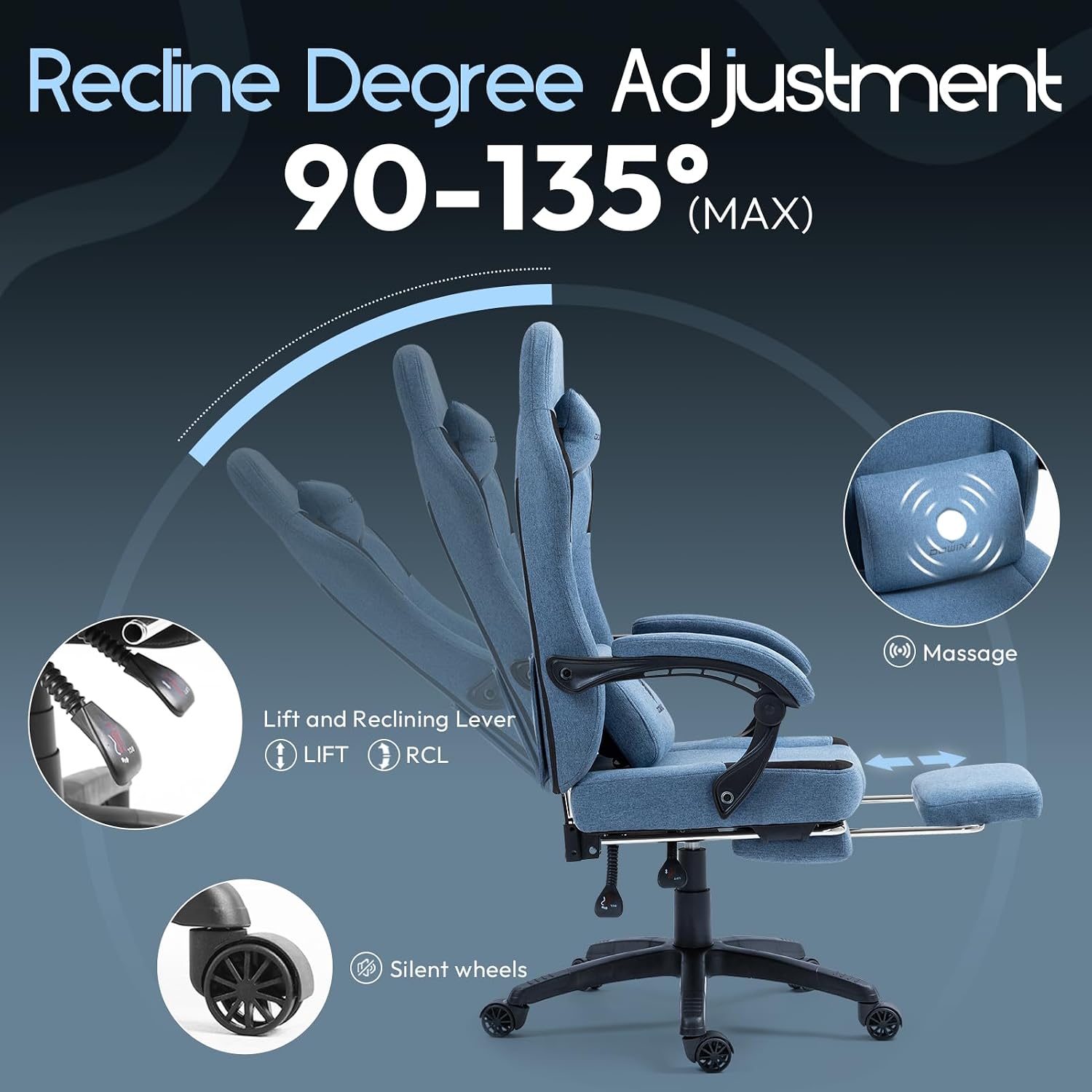 Dowinx Fabric Gaming Chair with Pocket Spring Cushion,Breathable Computer Chair with Massage Lumbar Support and Footrest,High Back Game Office Chair for Adult,Blue