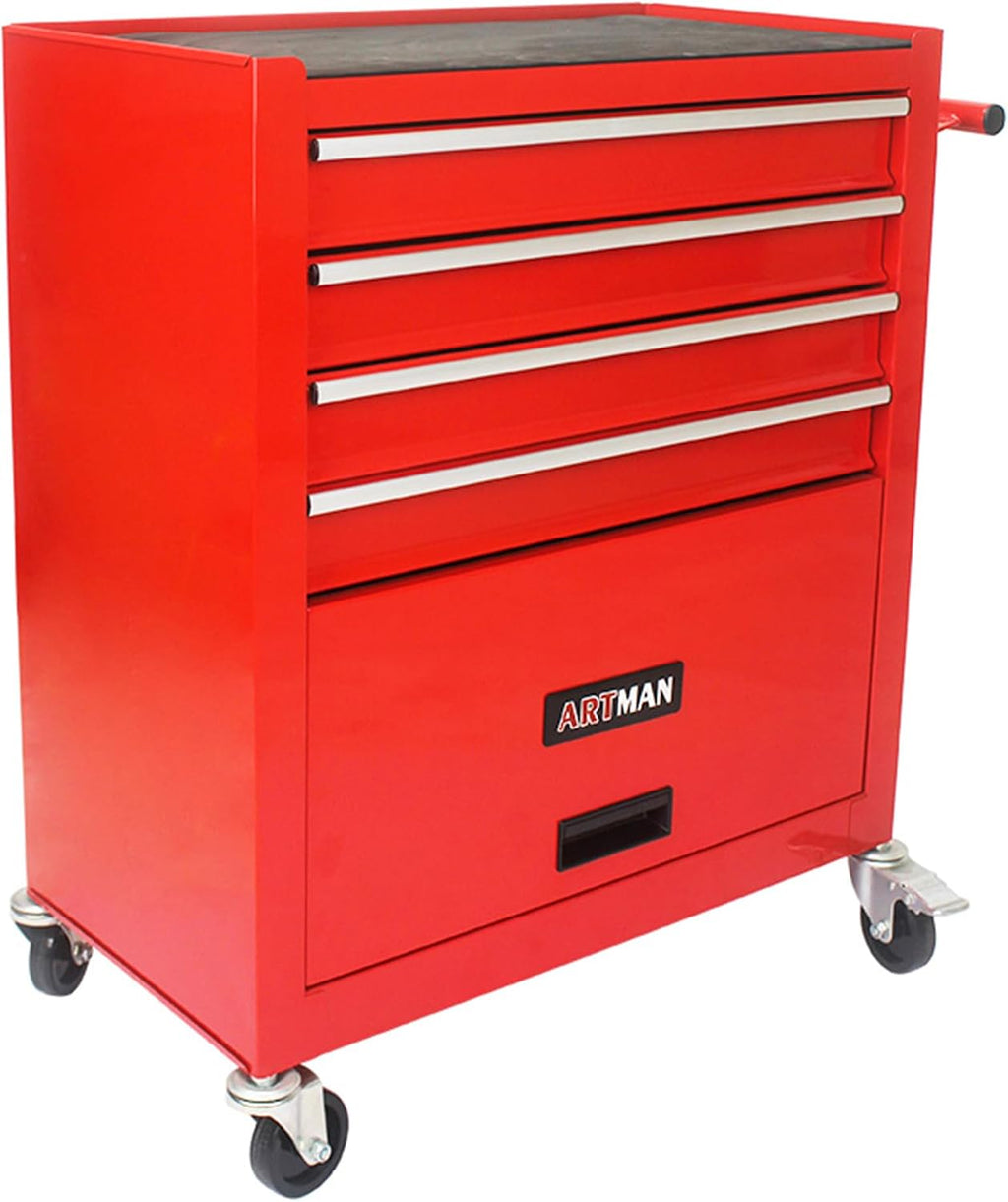 4-Drawer Tool Cart on Wheels, Drawers Rolling Tool Chest with 1 Cabinet, Mobile Trolley Organizer Tools Box with Locking Wheels & Ball Bearing Drawers for Garage,Warehouse,Repair Shop (Red)