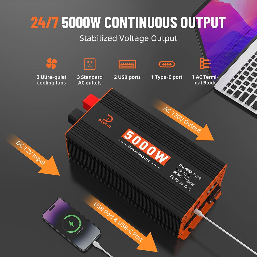 5000W Power Inverter 12V DC to 110V/120V AC Converter for RV/Truck/Boat/Camping/Off-Grid Solar Car Power Inverter Peak Power 10000W with 3 AC Outlets,USB & Type-C Port, Remote Controller & LCD Screen