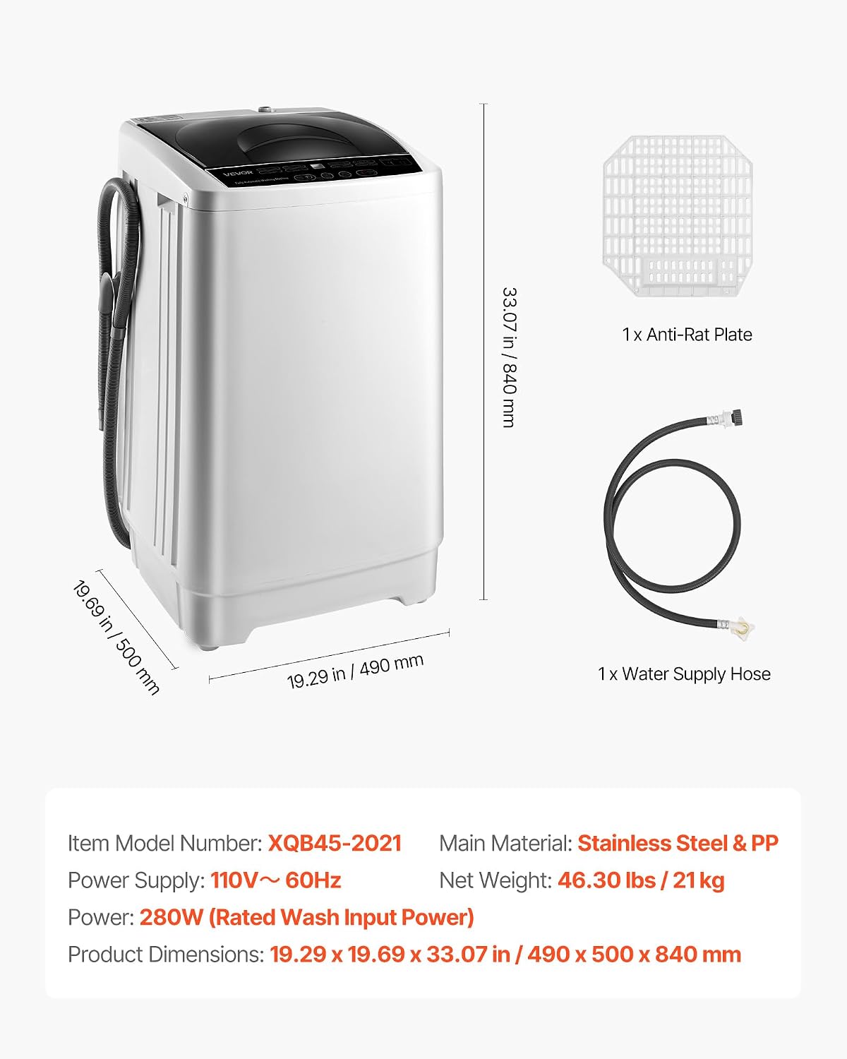VEVOR Portable Washing Machine, Portable Washer 1.3 cu.ft with LED Display, Stainless Steel Drum, 8 Wash Programs & 6 Adjustable Water Levels, Portable Washer Machine for Apartments, RVs, and Dorms