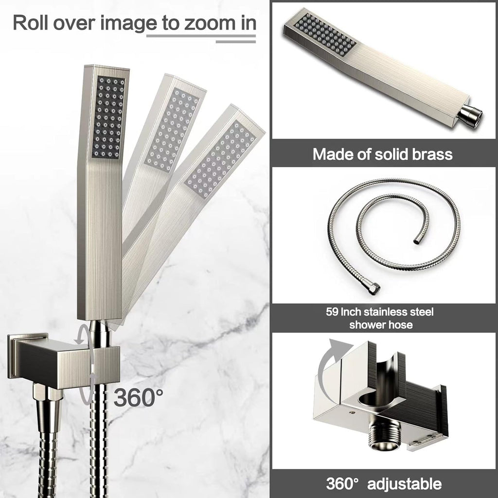 Shower System Rain Shower Faucet Set with Tub Spout,10 inch Bathroom Wall Mounted Waterfall Bathtub Faucet with Handheld Spray and Rough-in Valve Body and Trim kit,Brushed Nickel